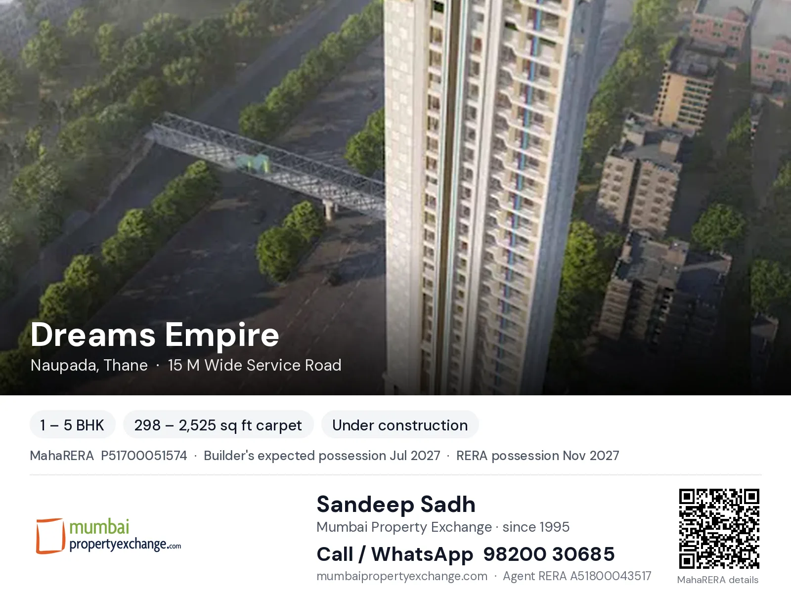 Dreams Empire, Naupada, Thane — 1 – 5 BHK new project, builder's expected possession Jul 2027, RERA possession Nov 2027 | Mumbai Property Exchange, Sandeep Sadh 98200 30685