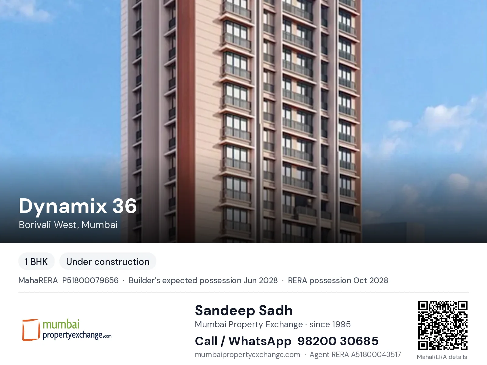 Dynamix 36 by Nakasha, Borivali West, Mumbai — 1 BHK new project, builder's expected possession Jun 2028, RERA possession Oct 2028 | Mumbai Property Exchange, Sandeep Sadh 98200 30685
