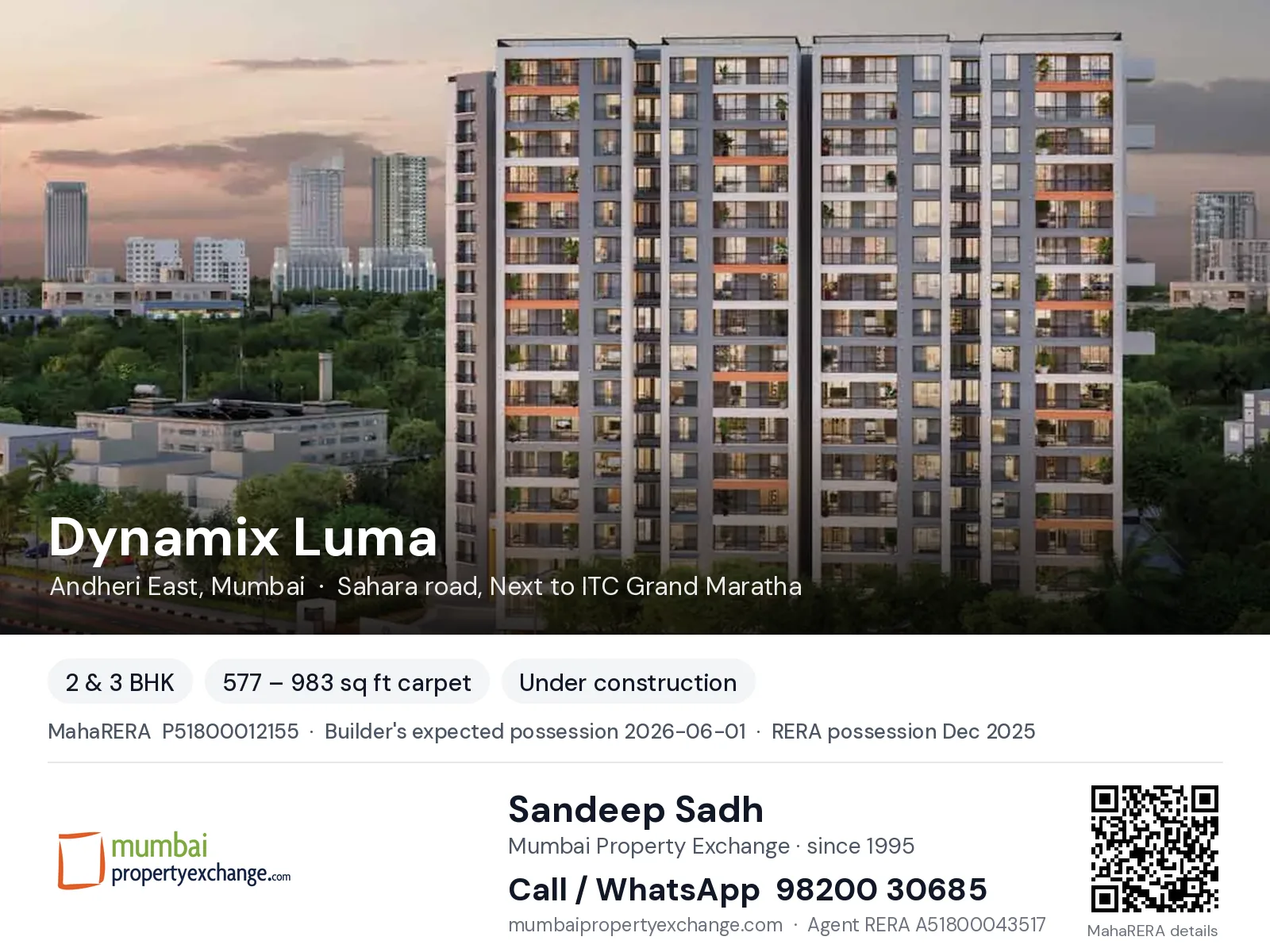 Dynamix Luma, Andheri East, Mumbai — 2 & 3 BHK new project, builder's expected possession 2026-06-01, RERA possession Dec 2025 | Mumbai Property Exchange, Sandeep Sadh 98200 30685