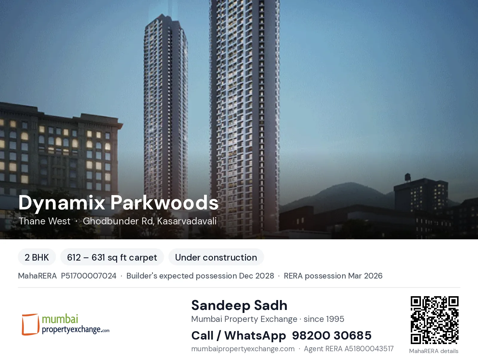 Dynamix Parkwoods, Thane West — 2 BHK new project, builder's expected possession Dec 2028, RERA possession Mar 2026 | Mumbai Property Exchange, Sandeep Sadh 98200 30685