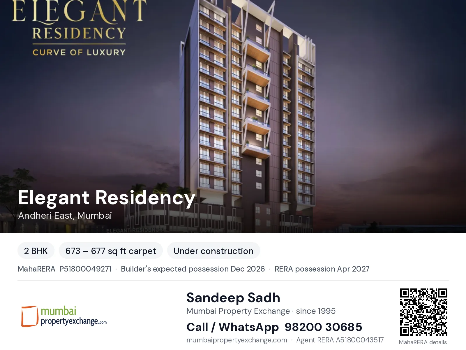 Elegant Residency, Andheri East, Mumbai — 2 BHK new project, builder's expected possession Dec 2026, RERA possession Apr 2027 | Mumbai Property Exchange, Sandeep Sadh 98200 30685