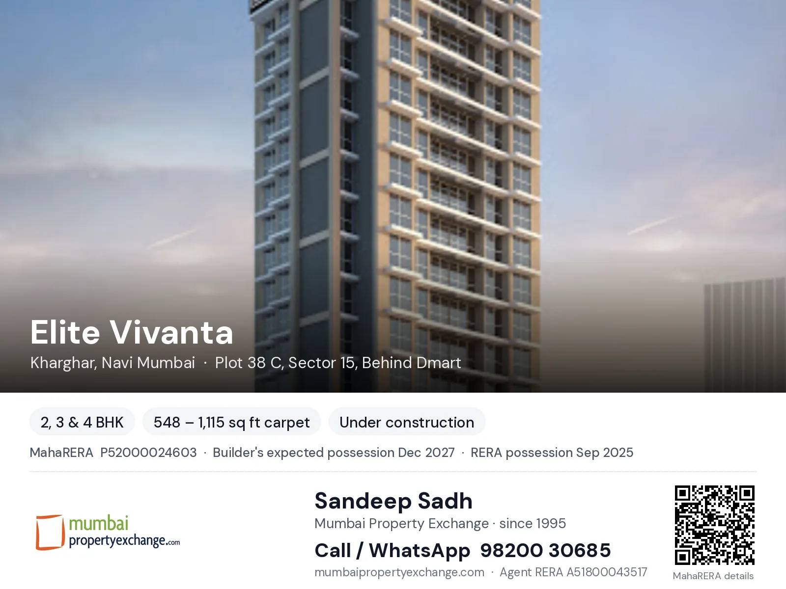 Elite Vivanta, Kharghar, Navi Mumbai — 2, 3 & 4 BHK new project, builder's expected possession Dec 2027, RERA possession Sep 2025 | Mumbai Property Exchange, Sandeep Sadh 98200 30685