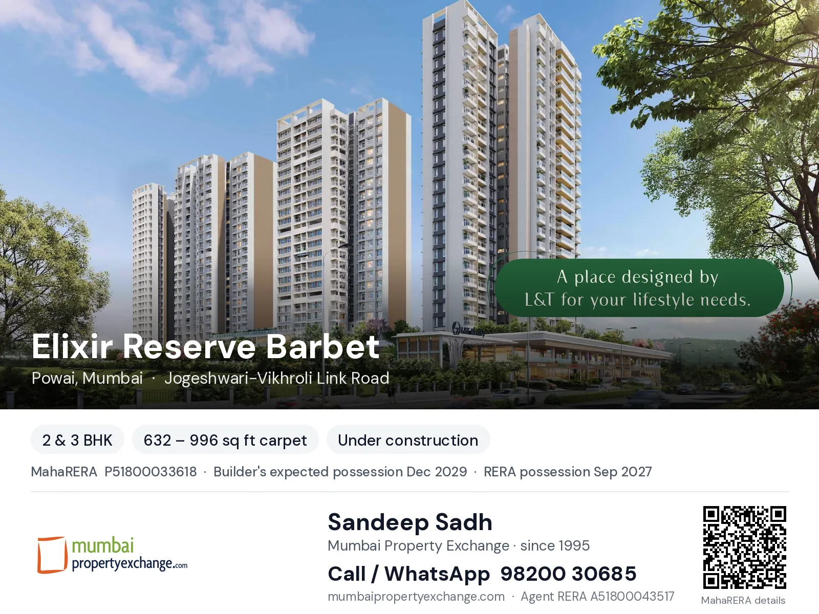 Elixir Reserve Barbet by L T, Powai, Mumbai — 2 & 3 BHK new project, builder's expected possession Dec 2029, RERA possession Sep 2027 | Mumbai Property Exchange, Sandeep Sadh 98200 30685