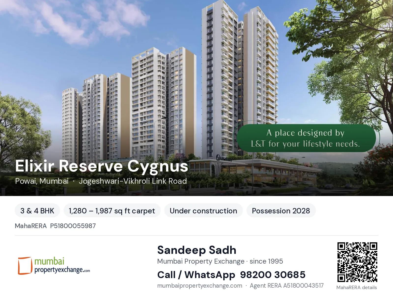 Elixir Reserve Cygnus by L T, Powai, Mumbai — 3 & 4 BHK new project, possession 2028 | Mumbai Property Exchange, Sandeep Sadh 98200 30685