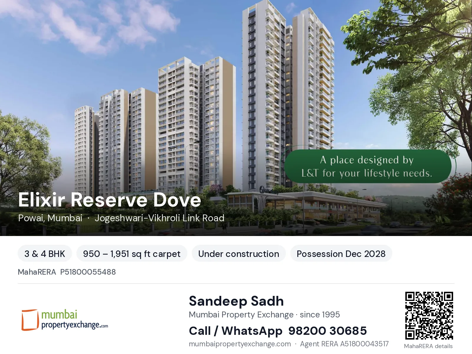 Elixir Reserve Dove by L T, Powai, Mumbai — 3 & 4 BHK new project, possession Dec 2028 | Mumbai Property Exchange, Sandeep Sadh 98200 30685