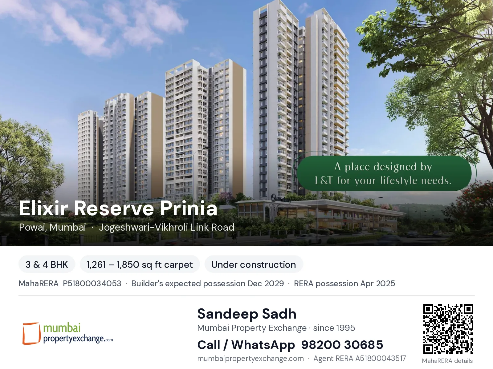 Elixir Reserve Prinia by L T, Powai, Mumbai — 3 & 4 BHK new project, builder's expected possession Dec 2029, RERA possession Apr 2025 | Mumbai Property Exchange, Sandeep Sadh 98200 30685