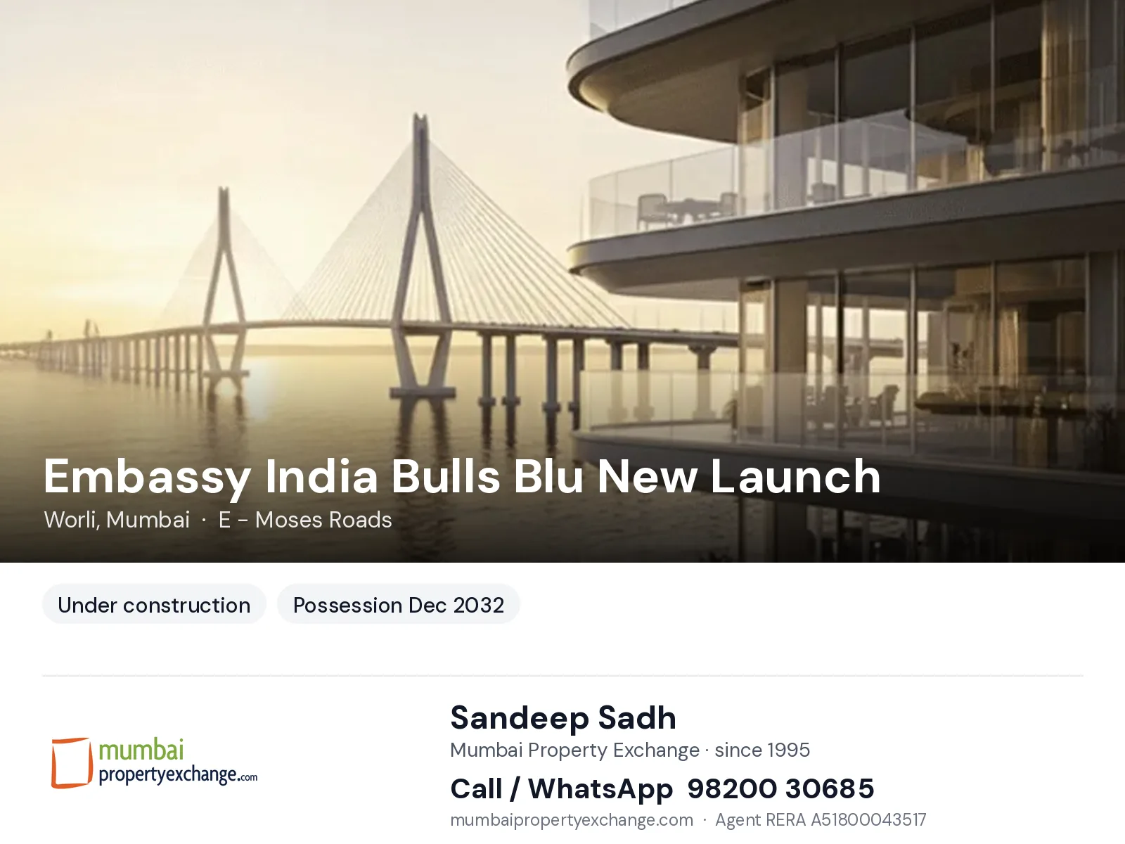 Embassy India Bulls Blu New Launch, Worli, Mumbai — new project, possession Dec 2032 | Mumbai Property Exchange, Sandeep Sadh 98200 30685