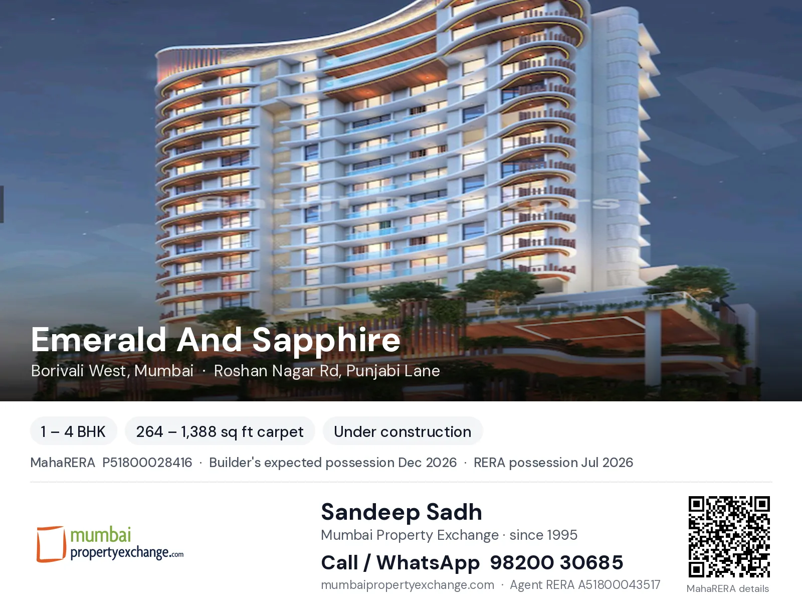 Emerald And Sapphire by Smile Shelter, Borivali West, Mumbai — 1 – 4 BHK new project, builder's expected possession Dec 2026, RERA possession Jul 2026 | Mumbai Property Exchange, Sandeep Sadh 98200 30685