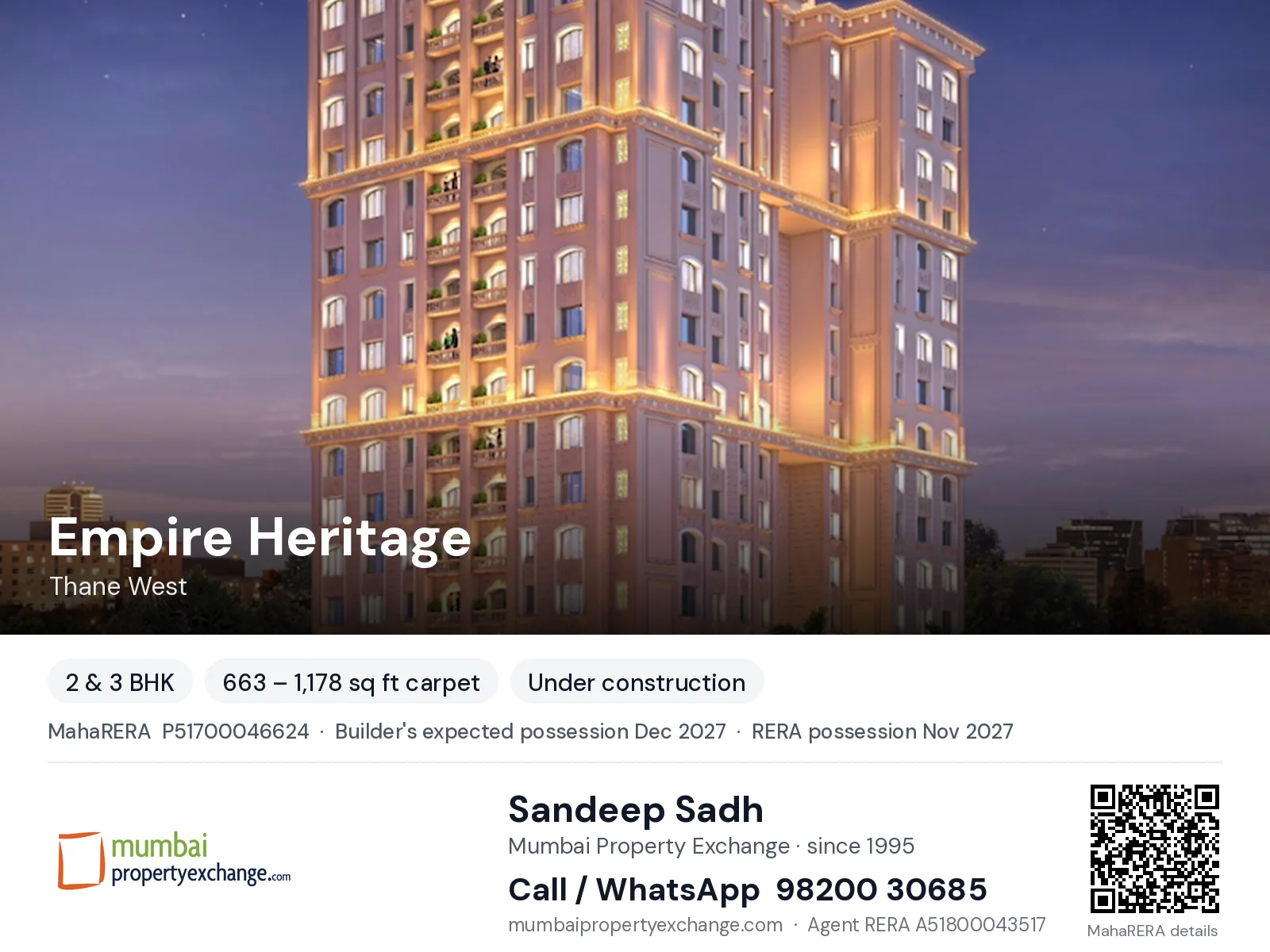 Empire Heritage by Lakhanis, Thane West — 2 & 3 BHK new project, builder's expected possession Dec 2027, RERA possession Nov 2027 | Mumbai Property Exchange, Sandeep Sadh 98200 30685