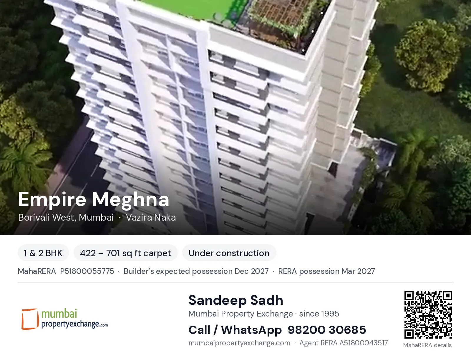 Empire Meghna by Piramal, Borivali West, Mumbai — 1 & 2 BHK new project, builder's expected possession Dec 2027, RERA possession Mar 2027 | Mumbai Property Exchange, Sandeep Sadh 98200 30685