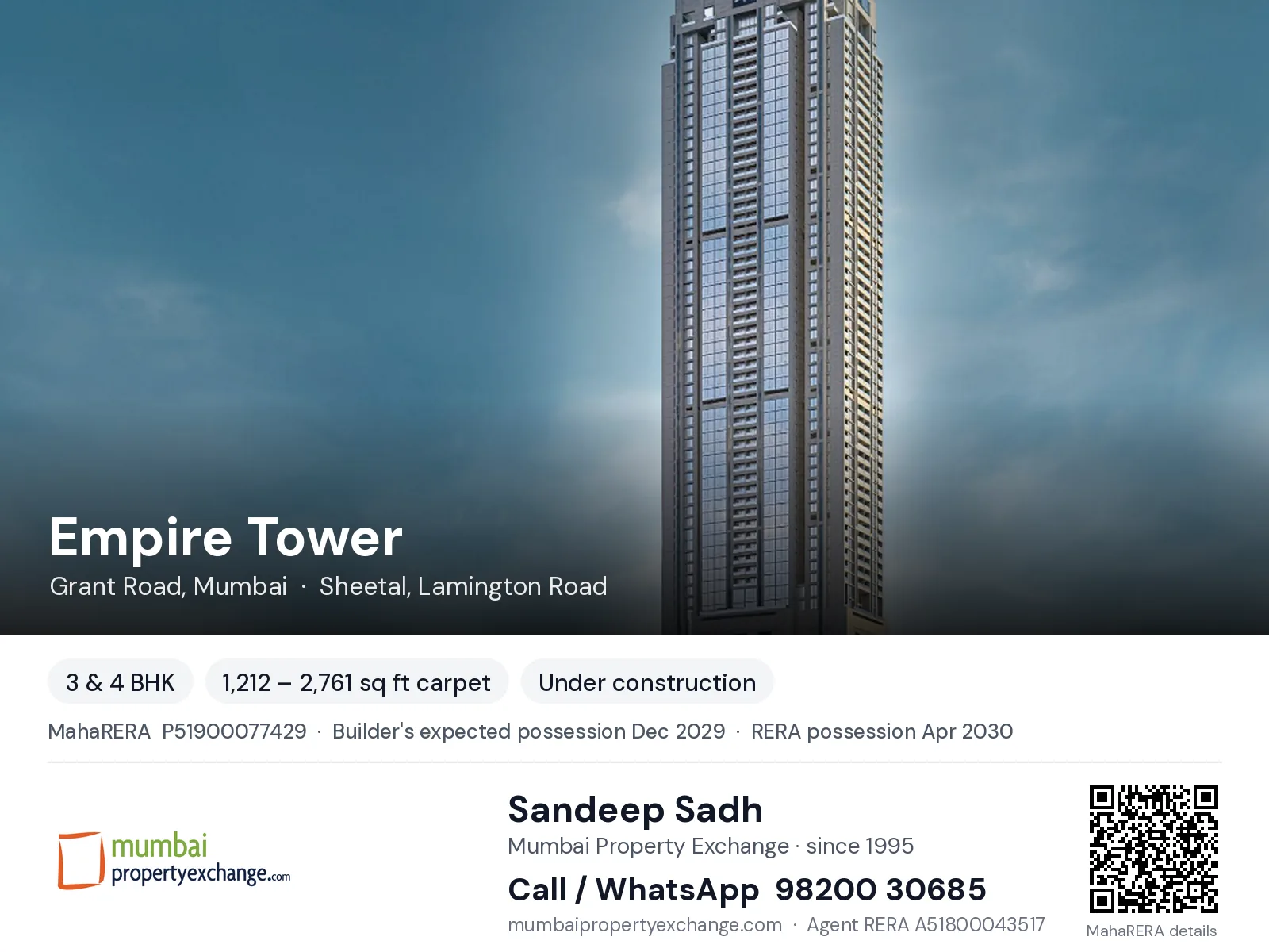 Empire Tower by Sugee, Grant Road, Mumbai — 3 & 4 BHK new project, builder's expected possession Dec 2029, RERA possession Apr 2030 | Mumbai Property Exchange, Sandeep Sadh 98200 30685