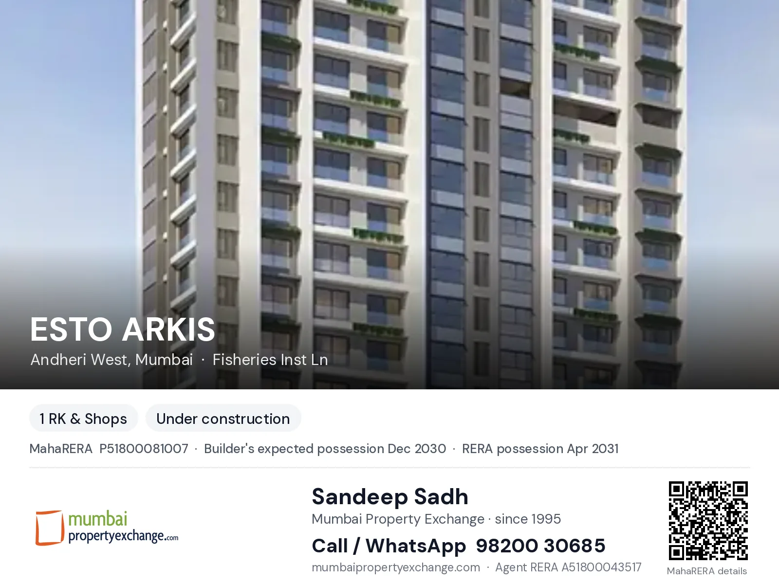 ESTO ARKIS by Eskay, Andheri West, Mumbai — new project, builder's expected possession Dec 2030, RERA possession Apr 2031 | Mumbai Property Exchange, Sandeep Sadh 98200 30685