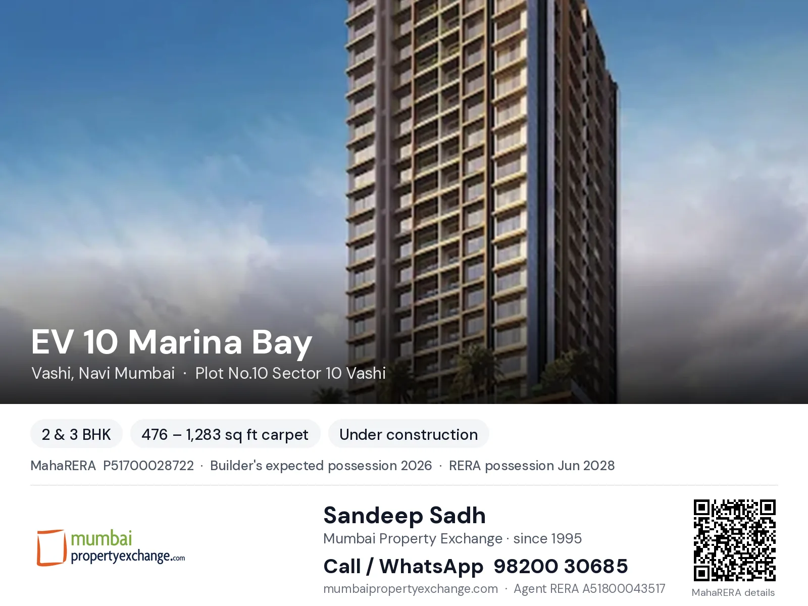EV 10 Marina Bay, Vashi, Navi Mumbai — 2 & 3 BHK new project, builder's expected possession 2026, RERA possession Jun 2028 | Mumbai Property Exchange, Sandeep Sadh 98200 30685