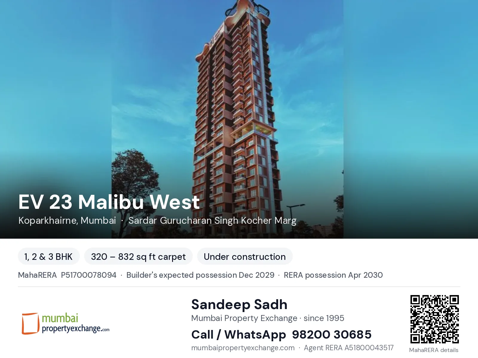 EV 23 Malibu West, Koparkhairne, Mumbai — 1, 2 & 3 BHK new project, builder's expected possession Dec 2029, RERA possession Apr 2030 | Mumbai Property Exchange, Sandeep Sadh 98200 30685