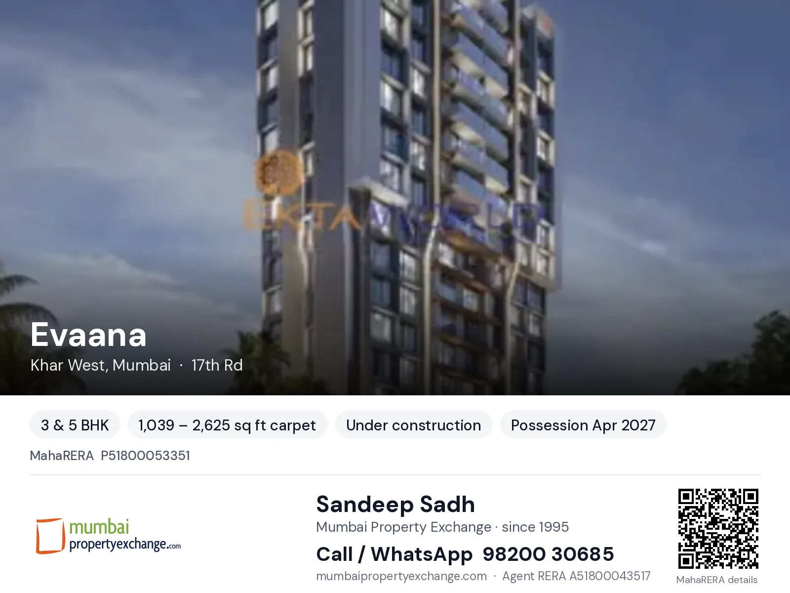 Evaana by Ekta World, Khar West, Mumbai — 3 & 5 BHK new project, possession Apr 2027 | Mumbai Property Exchange, Sandeep Sadh 98200 30685