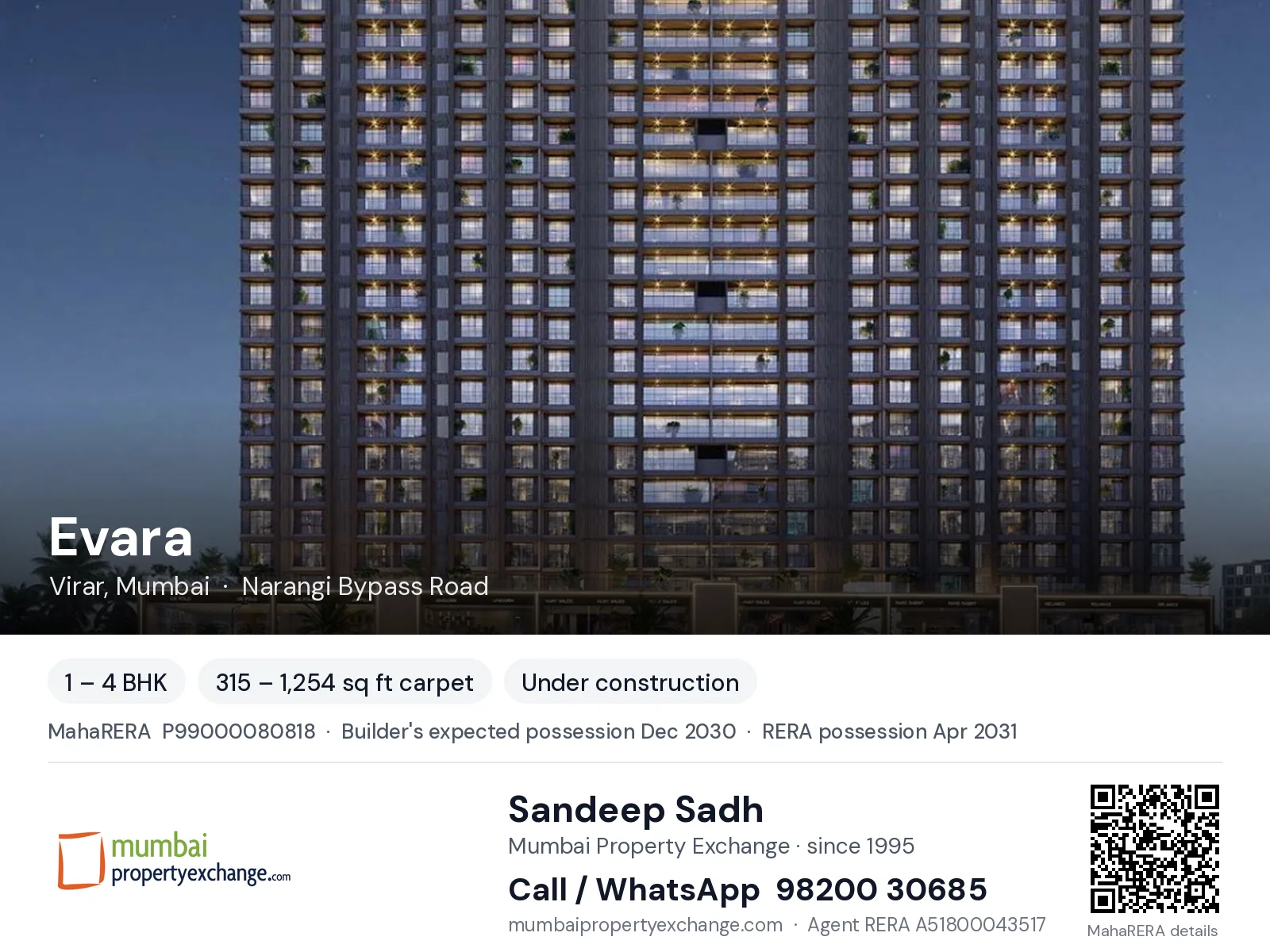 Evara by Neminath, Virar, Mumbai — 1 – 4 BHK new project, builder's expected possession Dec 2030, RERA possession Apr 2031 | Mumbai Property Exchange, Sandeep Sadh 98200 30685