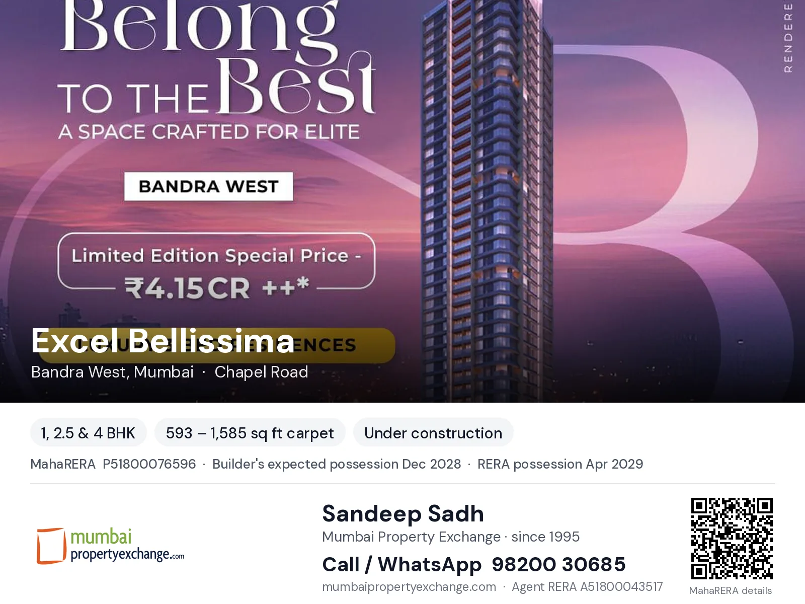 Excel Bellissima, Bandra West, Mumbai — 1, 2.5 & 4 BHK new project, builder's expected possession Dec 2028, RERA possession Apr 2029 | Mumbai Property Exchange, Sandeep Sadh 98200 30685