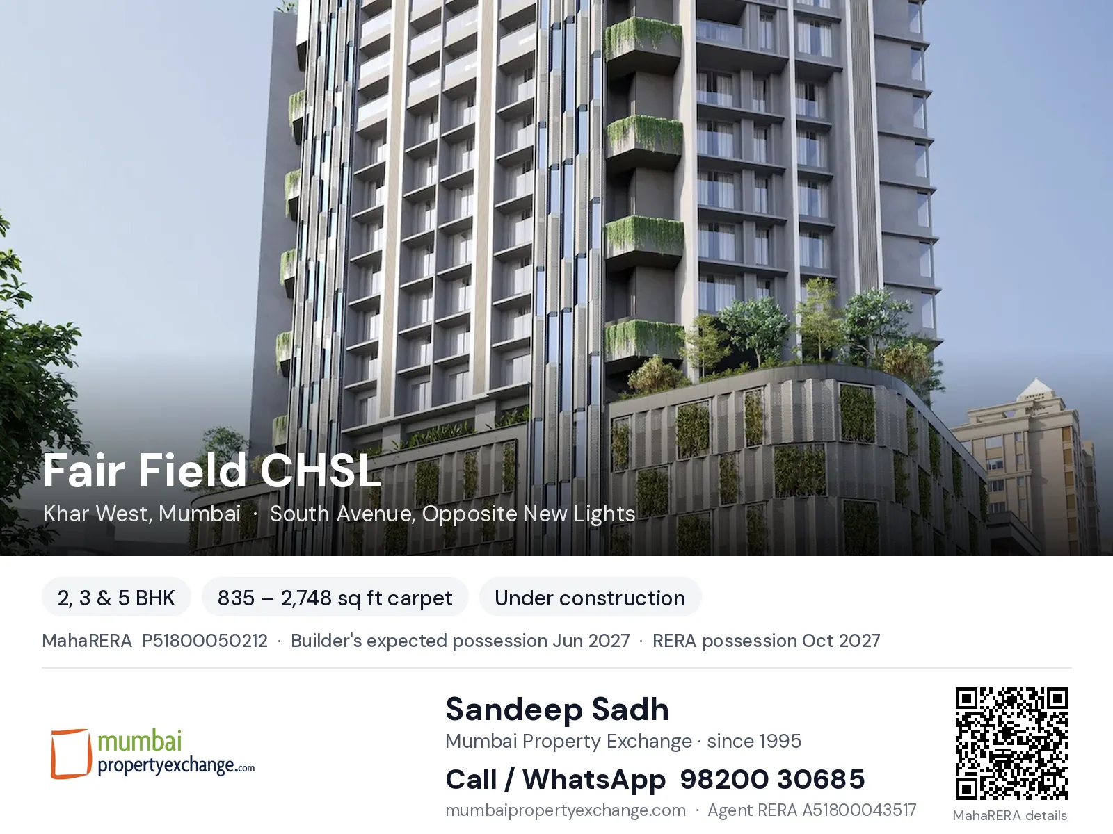 Fair Field CHSL by S Raheja, Khar West, Mumbai — 2, 3 & 5 BHK new project, builder's expected possession Jun 2027, RERA possession Oct 2027 | Mumbai Property Exchange, Sandeep Sadh 98200 30685