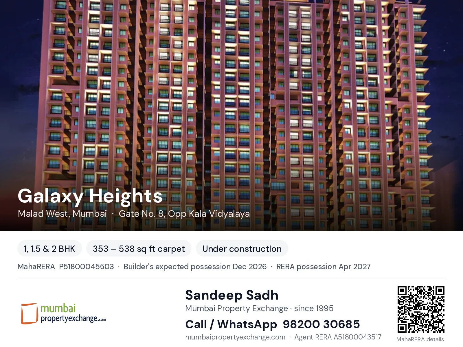 Galaxy Heights by MPCHFL, Malad West, Mumbai — 1, 1.5 & 2 BHK new project, builder's expected possession Dec 2026, RERA possession Apr 2027 | Mumbai Property Exchange, Sandeep Sadh 98200 30685