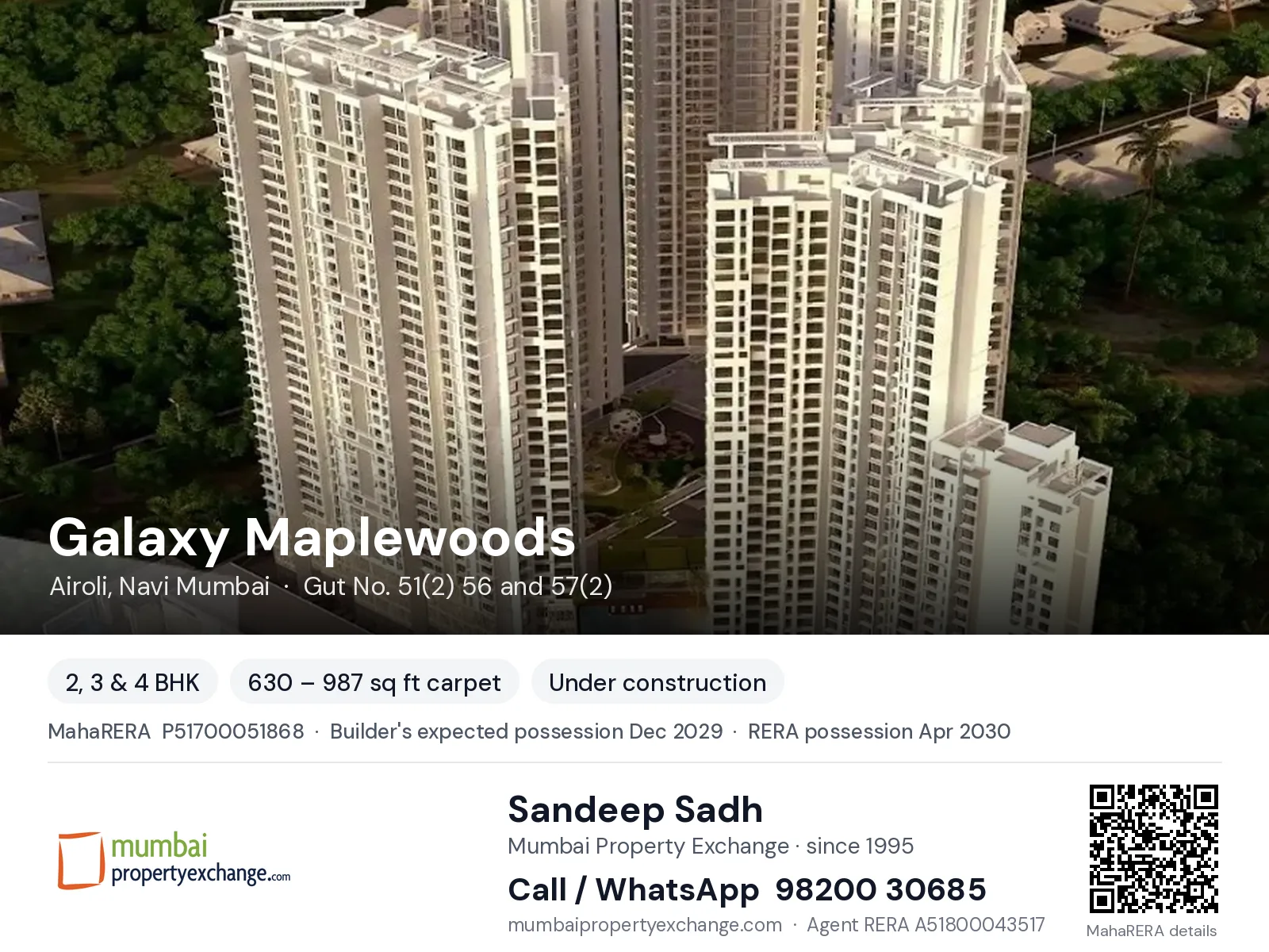 Galaxy Maplewoods by Tricity Inspired, Airoli, Navi Mumbai — 2, 3 & 4 BHK new project, builder's expected possession Dec 2029, RERA possession Apr 2030 | Mumbai Property Exchange, Sandeep Sadh 98200 30685