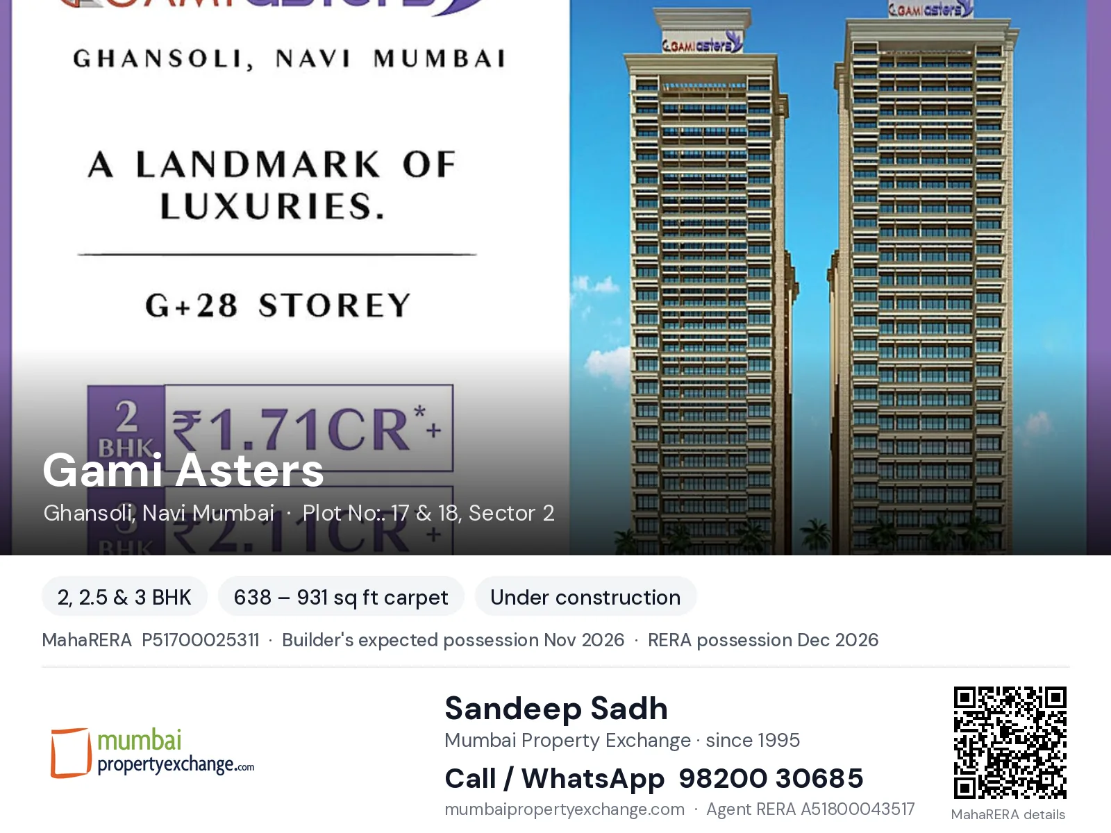 Gami Asters, Ghansoli, Navi Mumbai — 2, 2.5 & 3 BHK new project, builder's expected possession Nov 2026, RERA possession Dec 2026 | Mumbai Property Exchange, Sandeep Sadh 98200 30685
