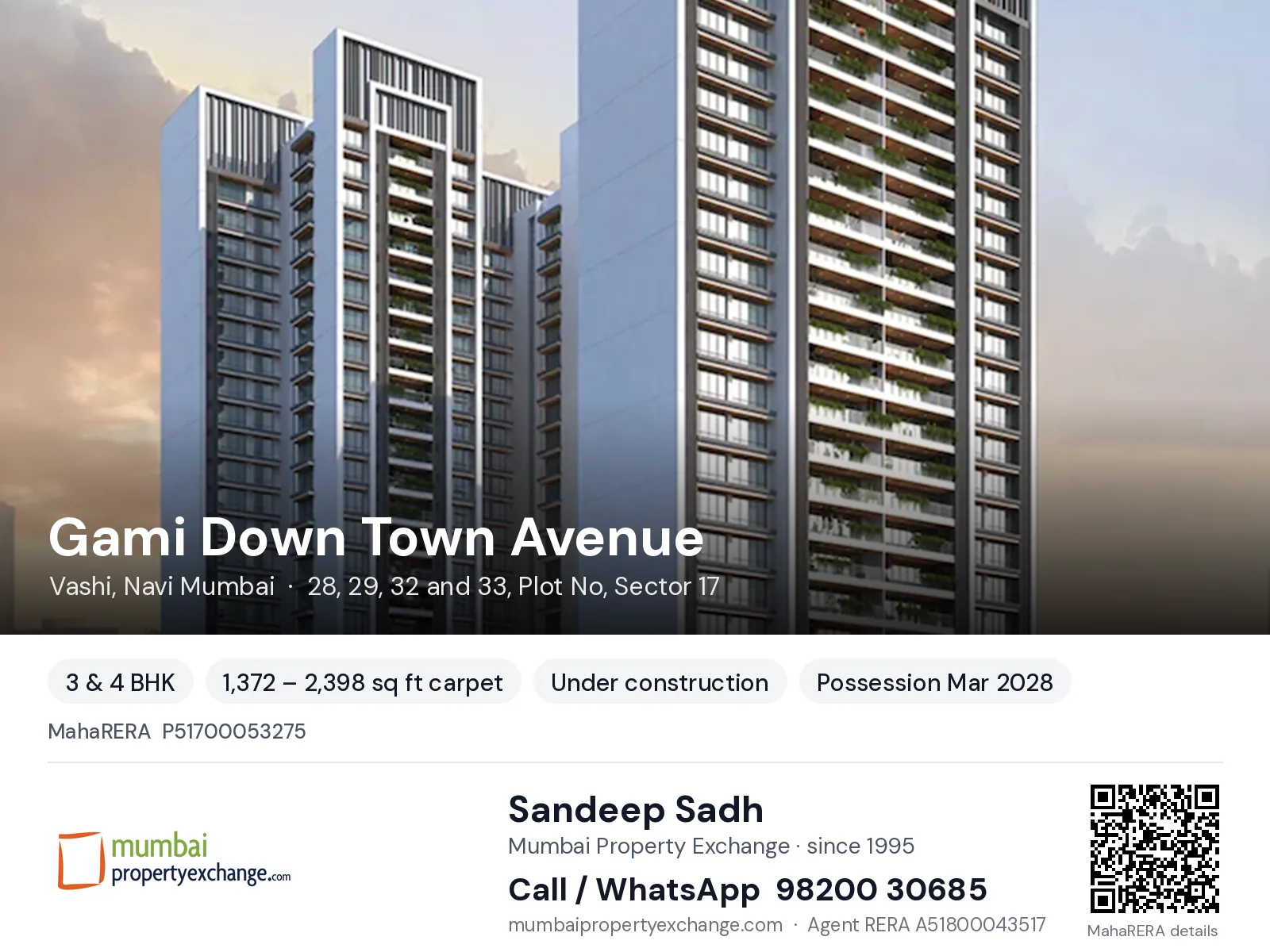 Gami Down Town Avenue, Vashi, Navi Mumbai — 3 & 4 BHK new project, possession Mar 2028 | Mumbai Property Exchange, Sandeep Sadh 98200 30685