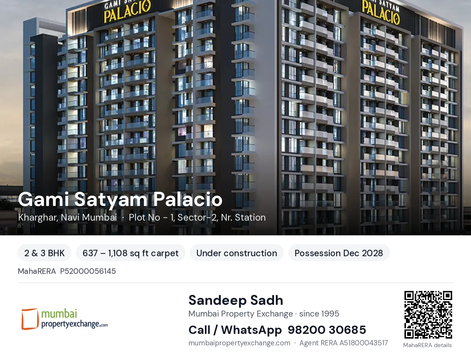 Gami Satyam Palacio, Kharghar, Navi Mumbai — 2 & 3 BHK new project, possession Dec 2028 | Mumbai Property Exchange, Sandeep Sadh 98200 30685