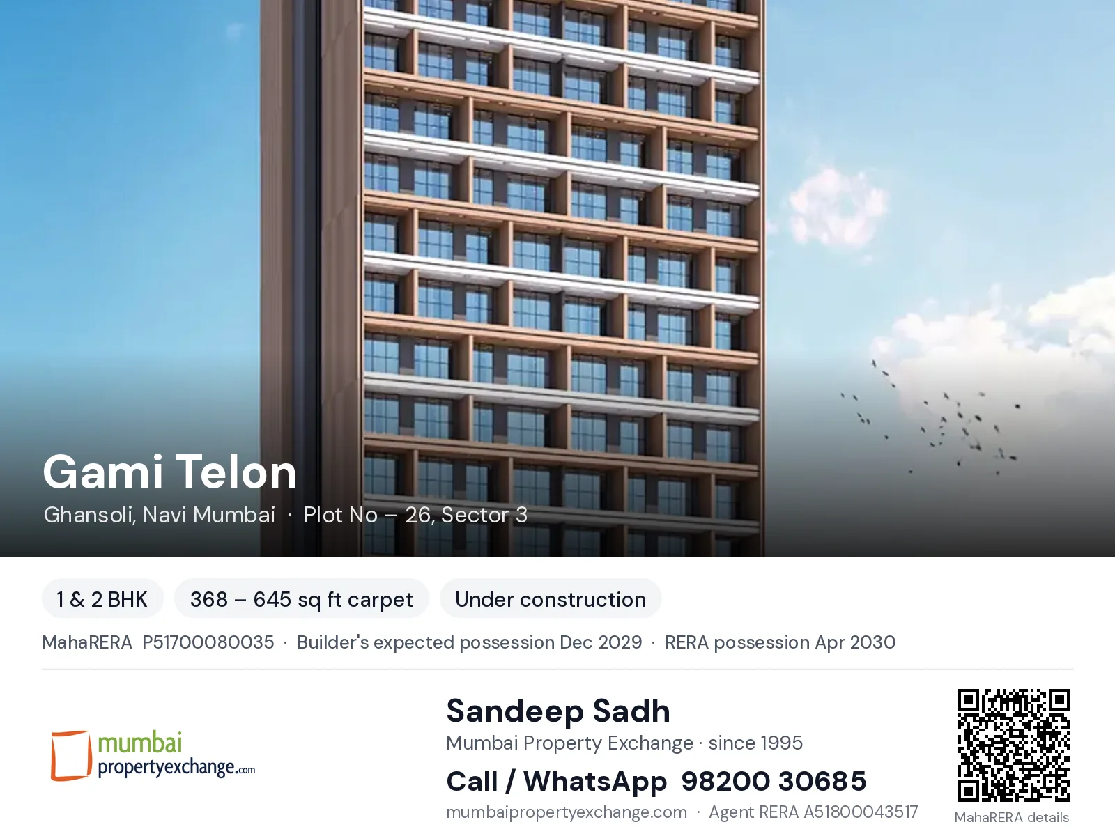 Gami Telon, Ghansoli, Navi Mumbai — 1 & 2 BHK new project, builder's expected possession Dec 2029, RERA possession Apr 2030 | Mumbai Property Exchange, Sandeep Sadh 98200 30685