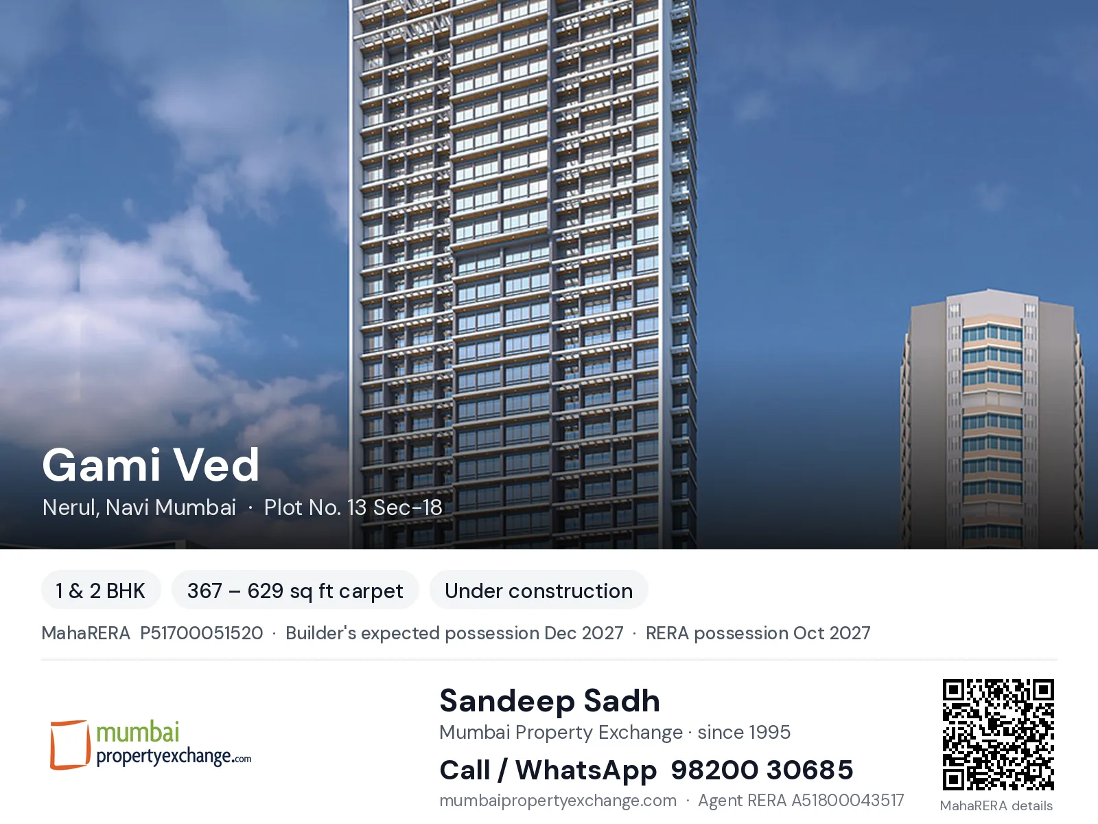 Gami Ved, Nerul, Navi Mumbai — 1 & 2 BHK new project, builder's expected possession Dec 2027, RERA possession Oct 2027 | Mumbai Property Exchange, Sandeep Sadh 98200 30685