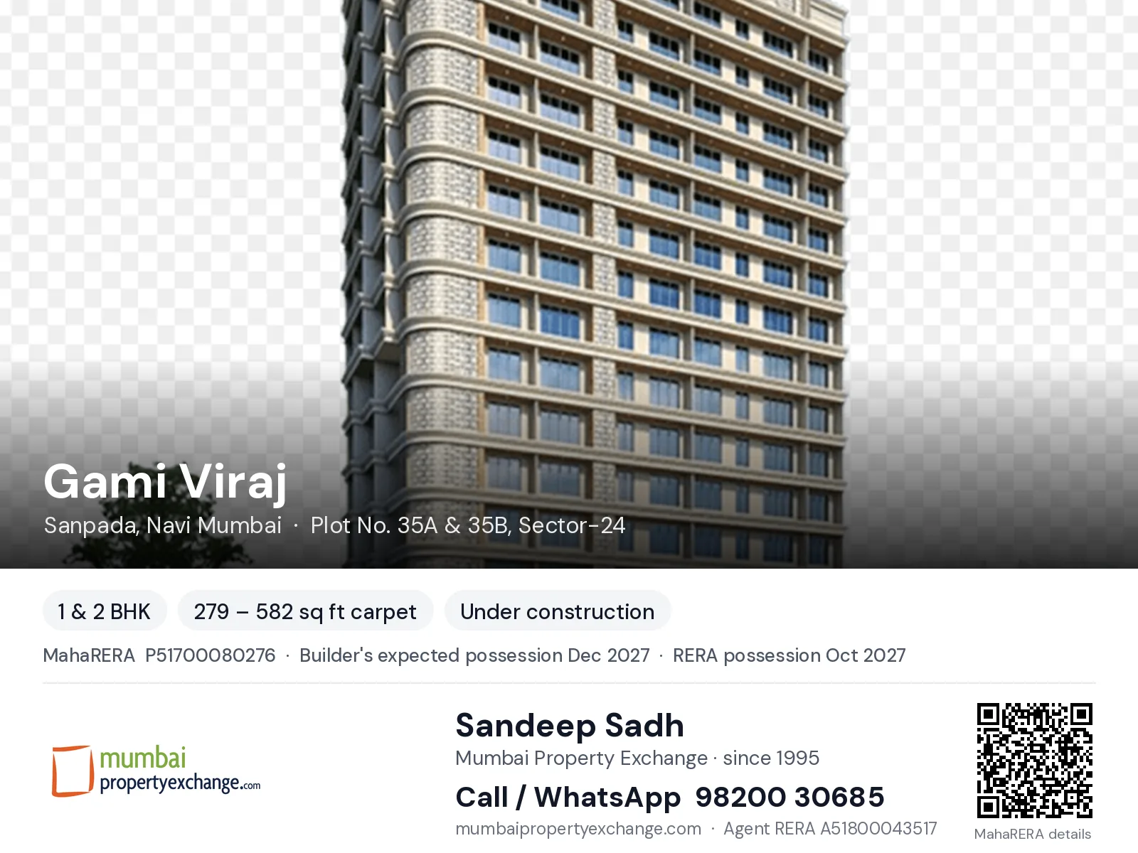 Gami Viraj, Sanpada, Navi Mumbai — 1 & 2 BHK new project, builder's expected possession Dec 2027, RERA possession Oct 2027 | Mumbai Property Exchange, Sandeep Sadh 98200 30685