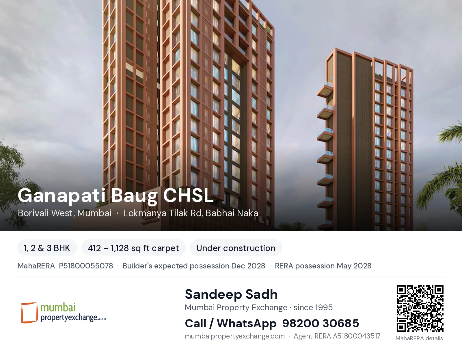 Ganapati Baug CHSL by Chaitanya, Borivali West, Mumbai — 1, 2 & 3 BHK new project, builder's expected possession Dec 2028, RERA possession May 2028 | Mumbai Property Exchange, Sandeep Sadh 98200 30685
