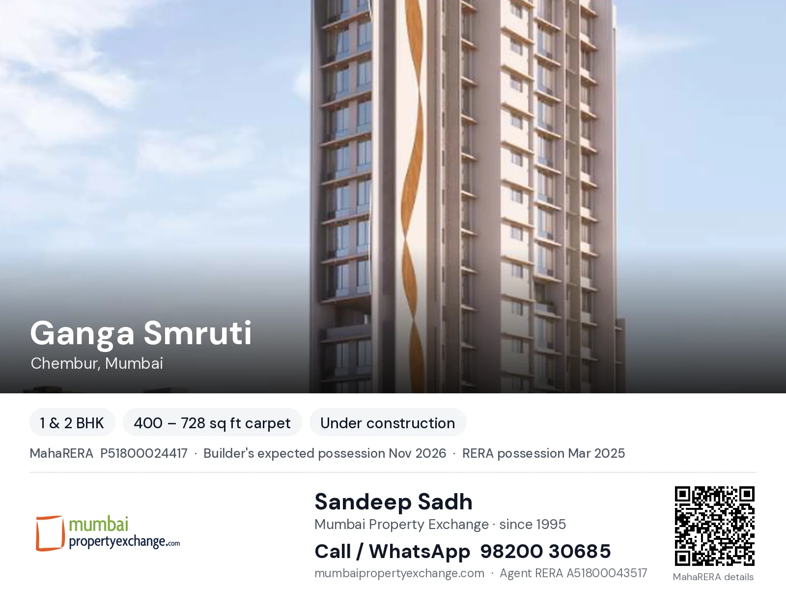 Ganga Smruti by Safal, Chembur, Mumbai — 1 & 2 BHK new project, builder's expected possession Nov 2026, RERA possession Mar 2025 | Mumbai Property Exchange, Sandeep Sadh 98200 30685