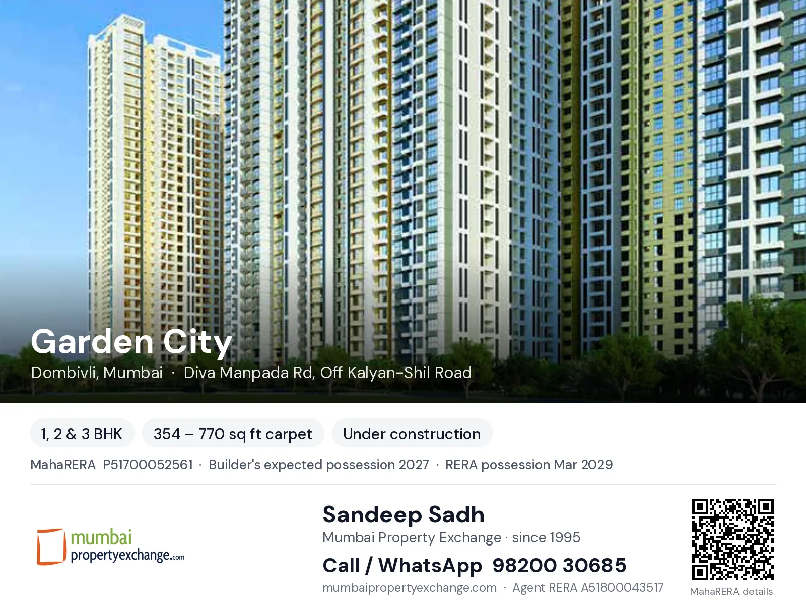 Garden City by Runwal, Dombivli, Mumbai — 1, 2 & 3 BHK new project, builder's expected possession 2027, RERA possession Mar 2029 | Mumbai Property Exchange, Sandeep Sadh 98200 30685