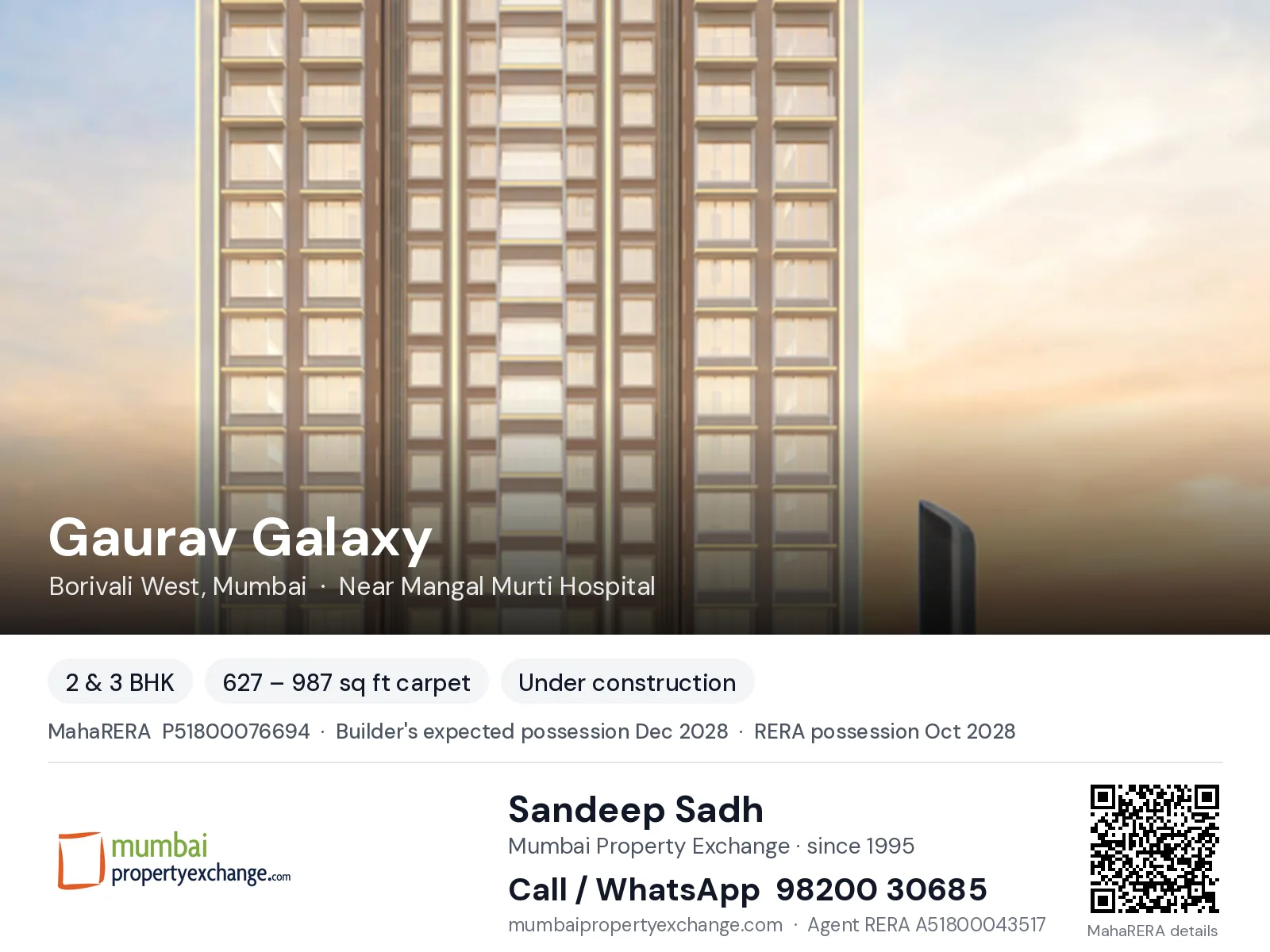Gaurav Galaxy by Multi Space Dveelopers, Borivali West, Mumbai — 2 & 3 BHK new project, builder's expected possession Dec 2028, RERA possession Oct 2028 | Mumbai Property Exchange, Sandeep Sadh 98200 30685