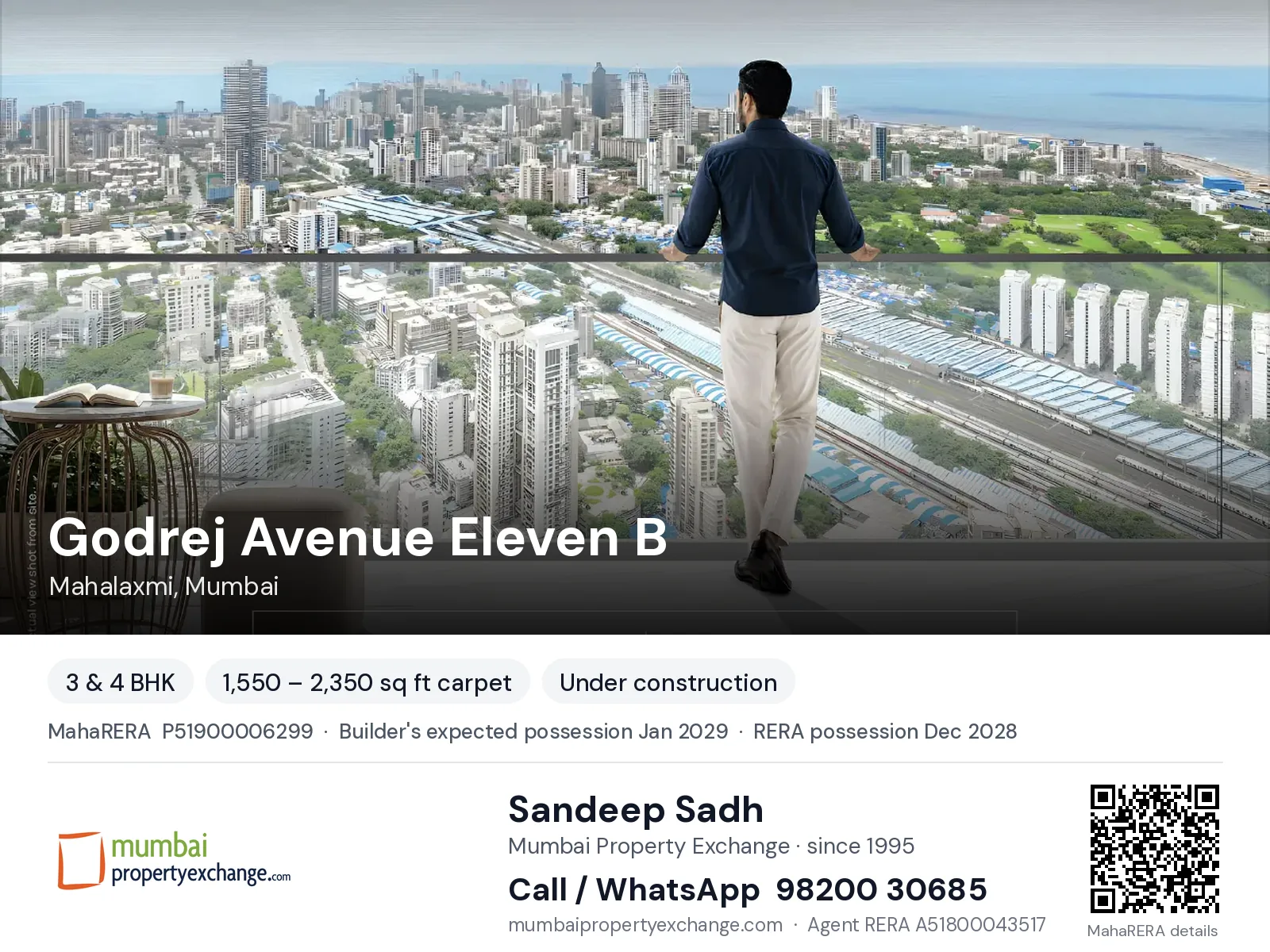 Godrej Avenue Eleven B, Mahalaxmi, Mumbai — 3 & 4 BHK new project, builder's expected possession Jan 2029, RERA possession Dec 2028 | Mumbai Property Exchange, Sandeep Sadh 98200 30685