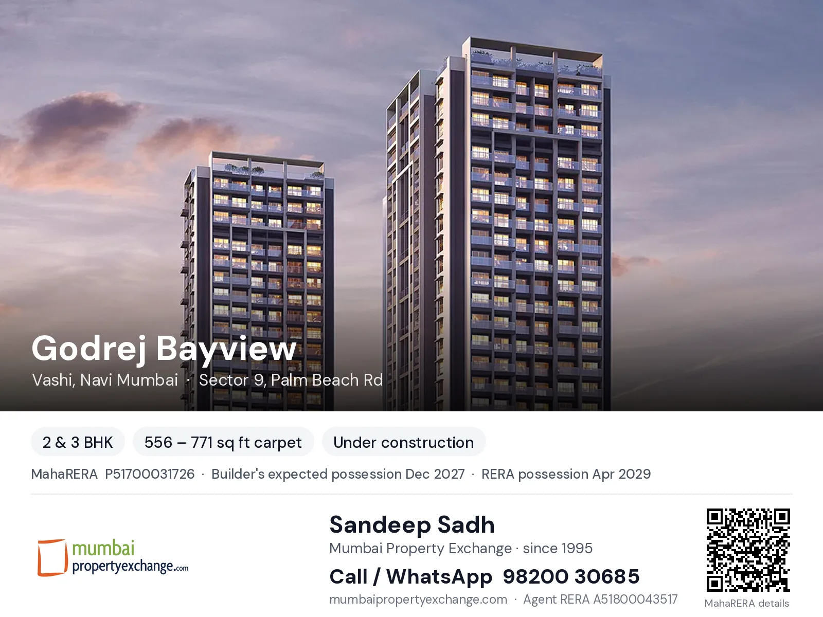Godrej Bayview, Vashi, Navi Mumbai — 2 & 3 BHK new project, builder's expected possession Dec 2027, RERA possession Apr 2029 | Mumbai Property Exchange, Sandeep Sadh 98200 30685