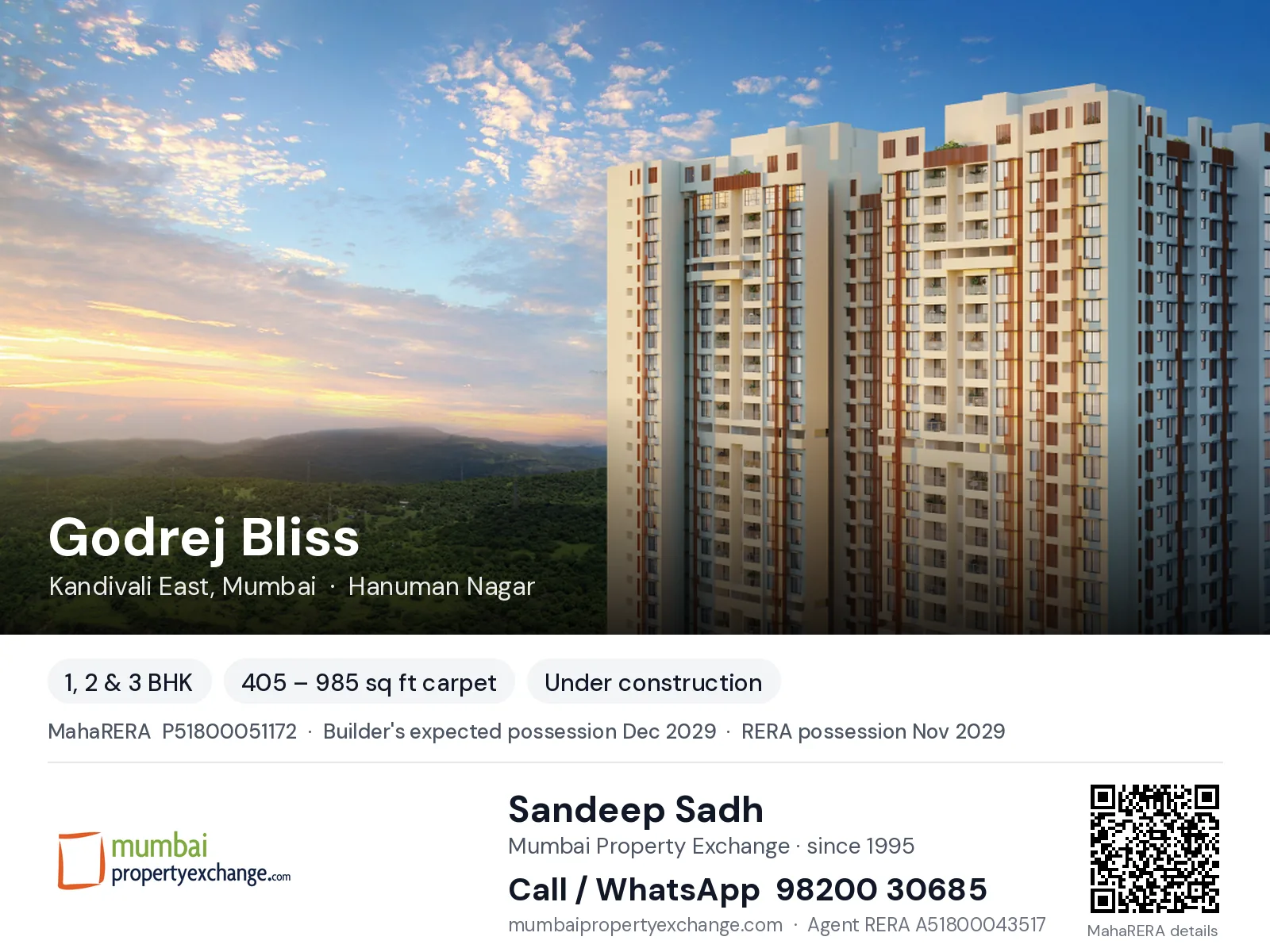 Godrej Bliss, Kandivali East, Mumbai — 1, 2 & 3 BHK new project, builder's expected possession Dec 2029, RERA possession Nov 2029 | Mumbai Property Exchange, Sandeep Sadh 98200 30685