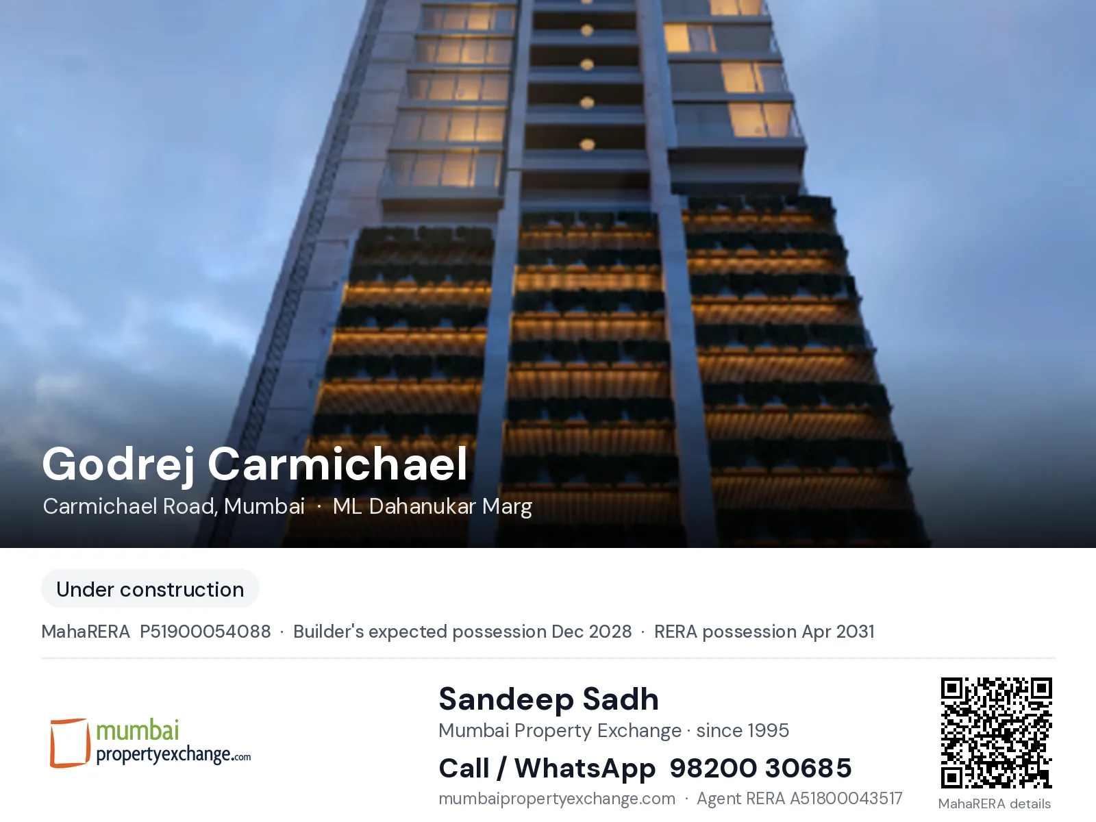Godrej Carmichael, Carmichael Road, Mumbai — new project, builder's expected possession Dec 2028, RERA possession Apr 2031 | Mumbai Property Exchange, Sandeep Sadh 98200 30685