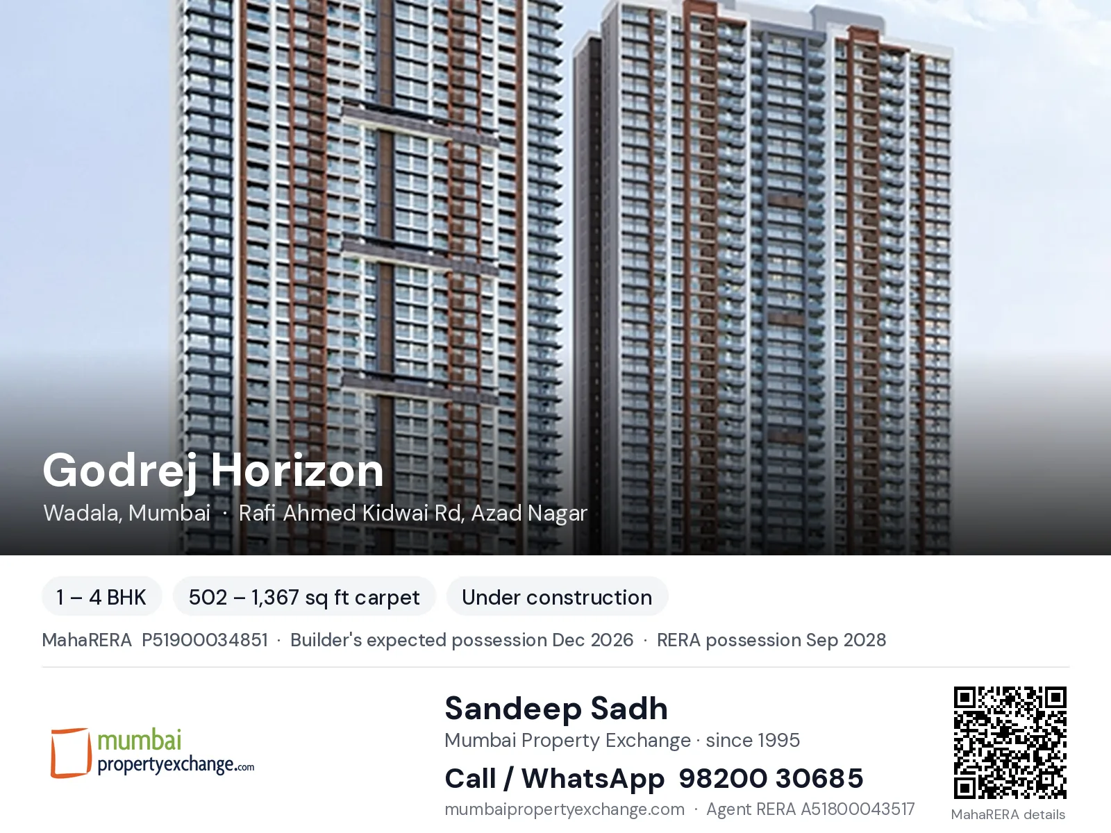 Godrej Horizon, Wadala, Mumbai — 1 – 4 BHK new project, builder's expected possession Dec 2026, RERA possession Sep 2028 | Mumbai Property Exchange, Sandeep Sadh 98200 30685