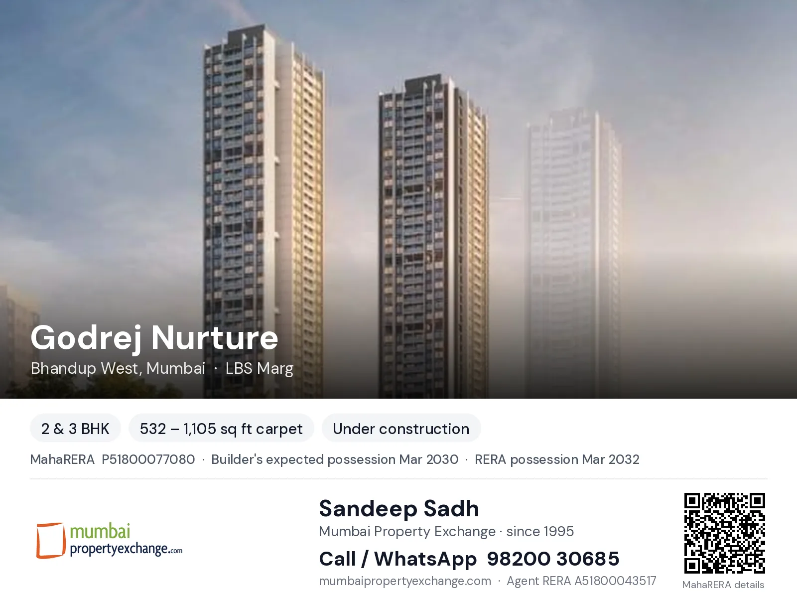 Godrej Nurture, Bhandup West, Mumbai — 2 & 3 BHK new project, builder's expected possession Mar 2030, RERA possession Mar 2032 | Mumbai Property Exchange, Sandeep Sadh 98200 30685