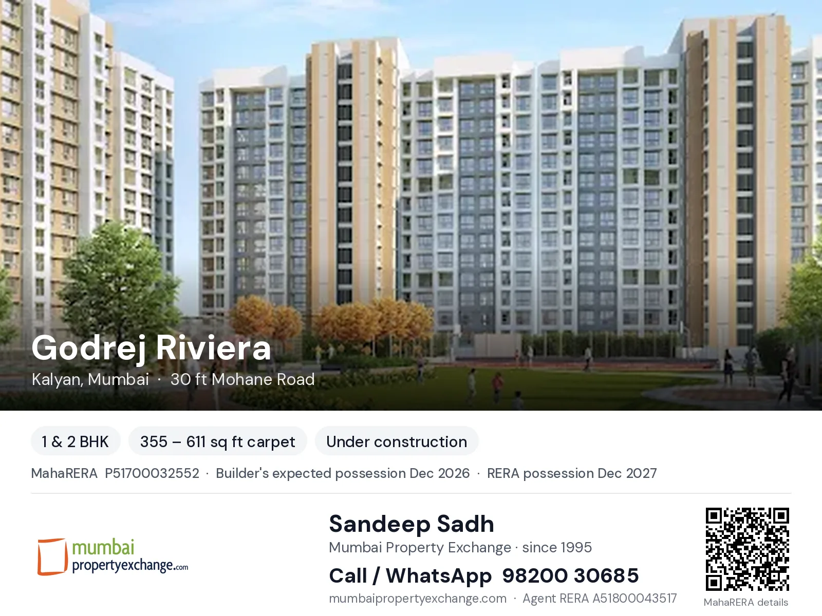 Godrej Riviera, Kalyan, Mumbai — 1 & 2 BHK new project, builder's expected possession Dec 2026, RERA possession Dec 2027 | Mumbai Property Exchange, Sandeep Sadh 98200 30685