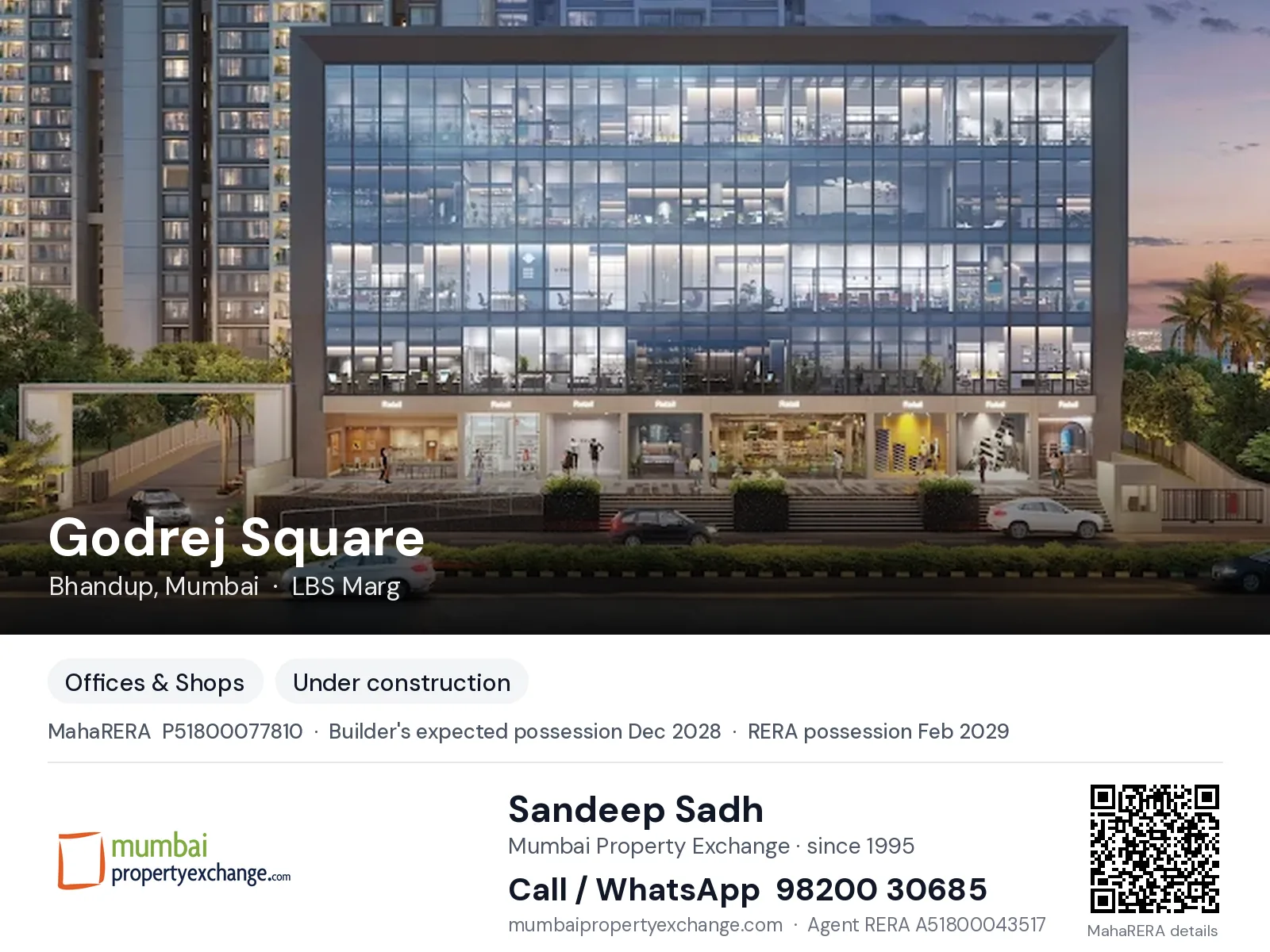 Godrej Square, Bhandup, Mumbai — new project, builder's expected possession Dec 2028, RERA possession Feb 2029 | Mumbai Property Exchange, Sandeep Sadh 98200 30685