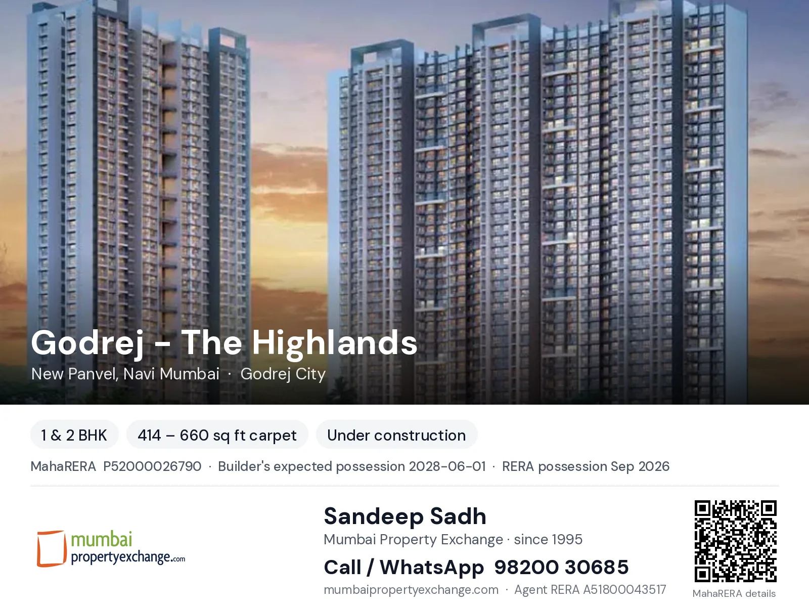 Godrej - The Highlands, New Panvel, Navi Mumbai — 1 & 2 BHK new project, builder's expected possession 2028-06-01, RERA possession Sep 2026 | Mumbai Property Exchange, Sandeep Sadh 98200 30685