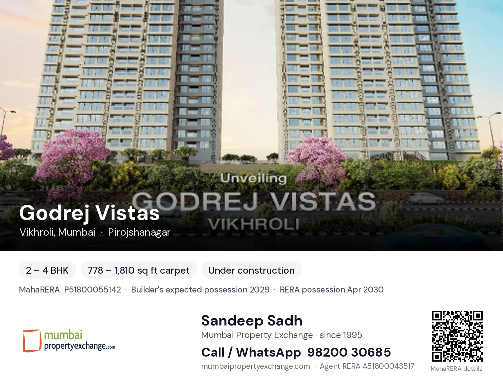 Godrej Vistas, Vikhroli, Mumbai — 2 – 4 BHK new project, builder's expected possession 2029, RERA possession Apr 2030 | Mumbai Property Exchange, Sandeep Sadh 98200 30685