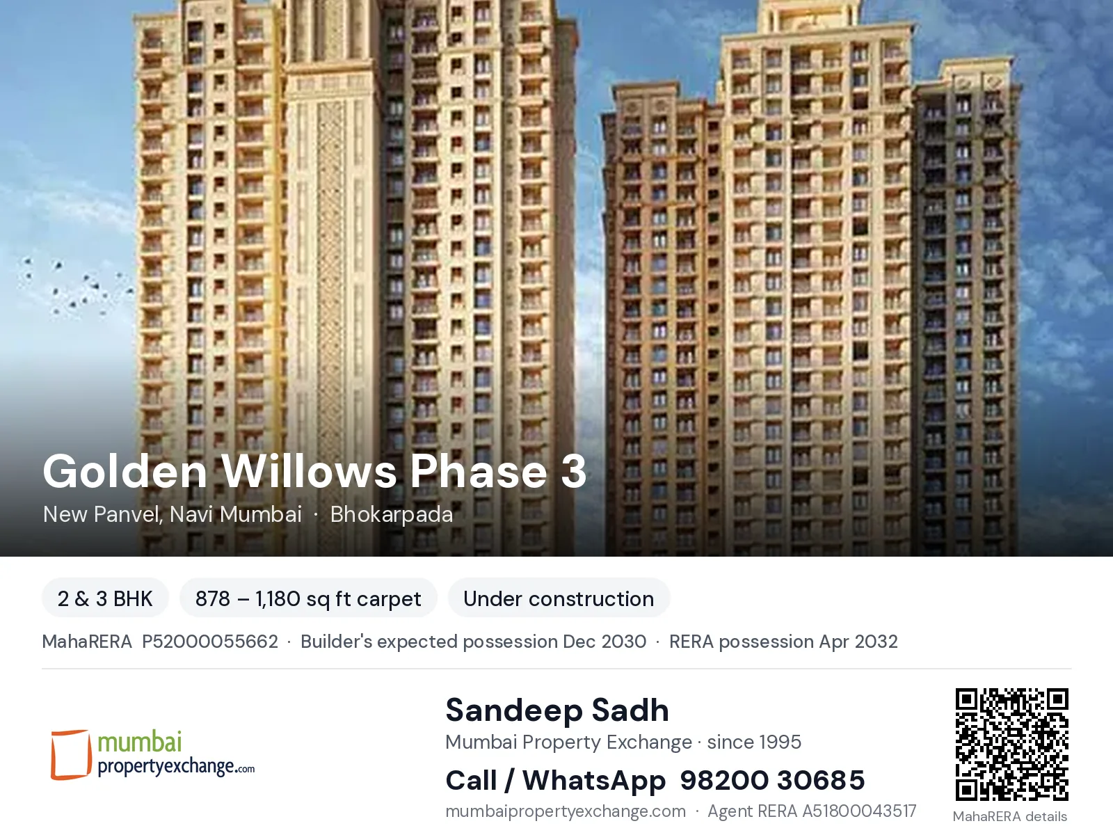 Golden Willows Phase 3 by Hiranandani Communities, New Panvel, Navi Mumbai — 2 & 3 BHK new project, builder's expected possession Dec 2030, RERA possession Apr 2032 | Mumbai Property Exchange, Sandeep Sadh 98200 30685