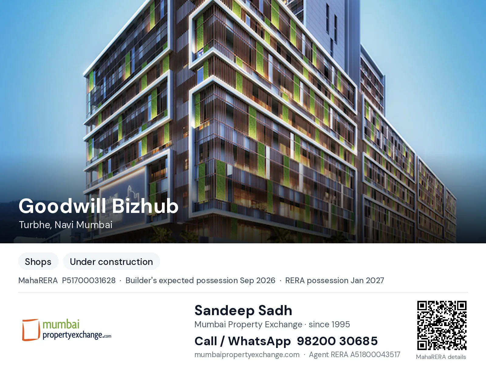 Goodwill Bizhub, Turbhe, Navi Mumbai — new project, builder's expected possession Sep 2026, RERA possession Jan 2027 | Mumbai Property Exchange, Sandeep Sadh 98200 30685