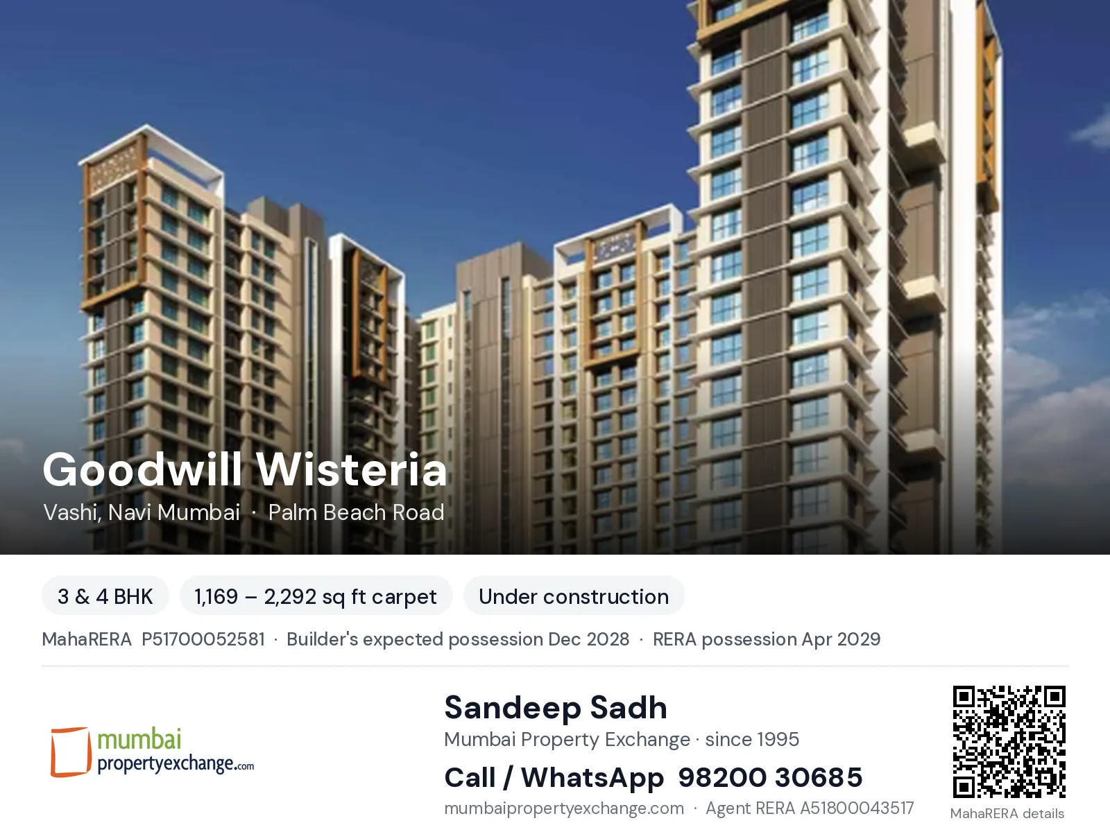 Goodwill Wisteria, Vashi, Navi Mumbai — 3 & 4 BHK new project, builder's expected possession Dec 2028, RERA possession Apr 2029 | Mumbai Property Exchange, Sandeep Sadh 98200 30685