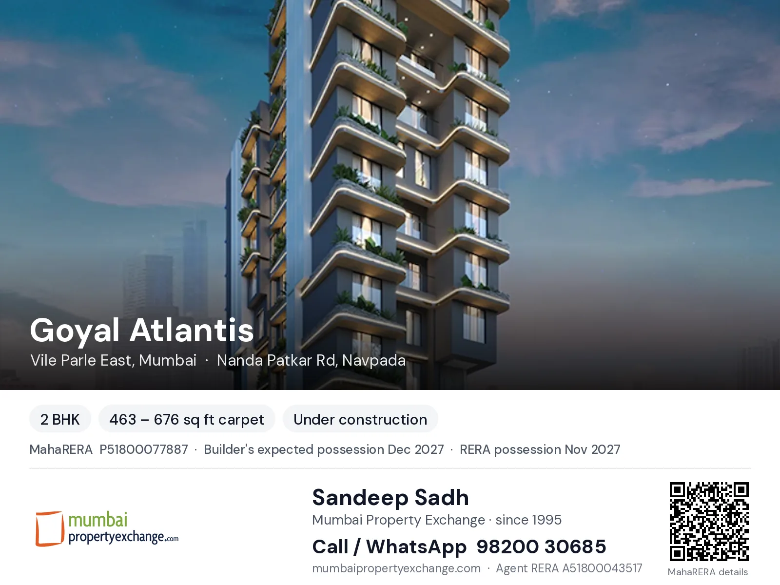 Goyal Atlantis, Vile Parle East, Mumbai — 2 BHK new project, builder's expected possession Dec 2027, RERA possession Nov 2027 | Mumbai Property Exchange, Sandeep Sadh 98200 30685