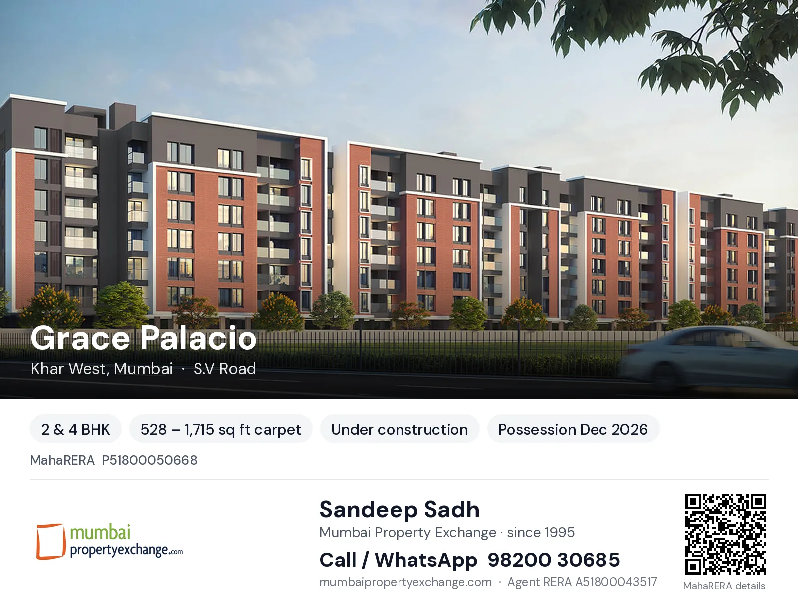 Grace Palacio, Khar West, Mumbai — 2 & 4 BHK new project, possession Dec 2026 | Mumbai Property Exchange, Sandeep Sadh 98200 30685