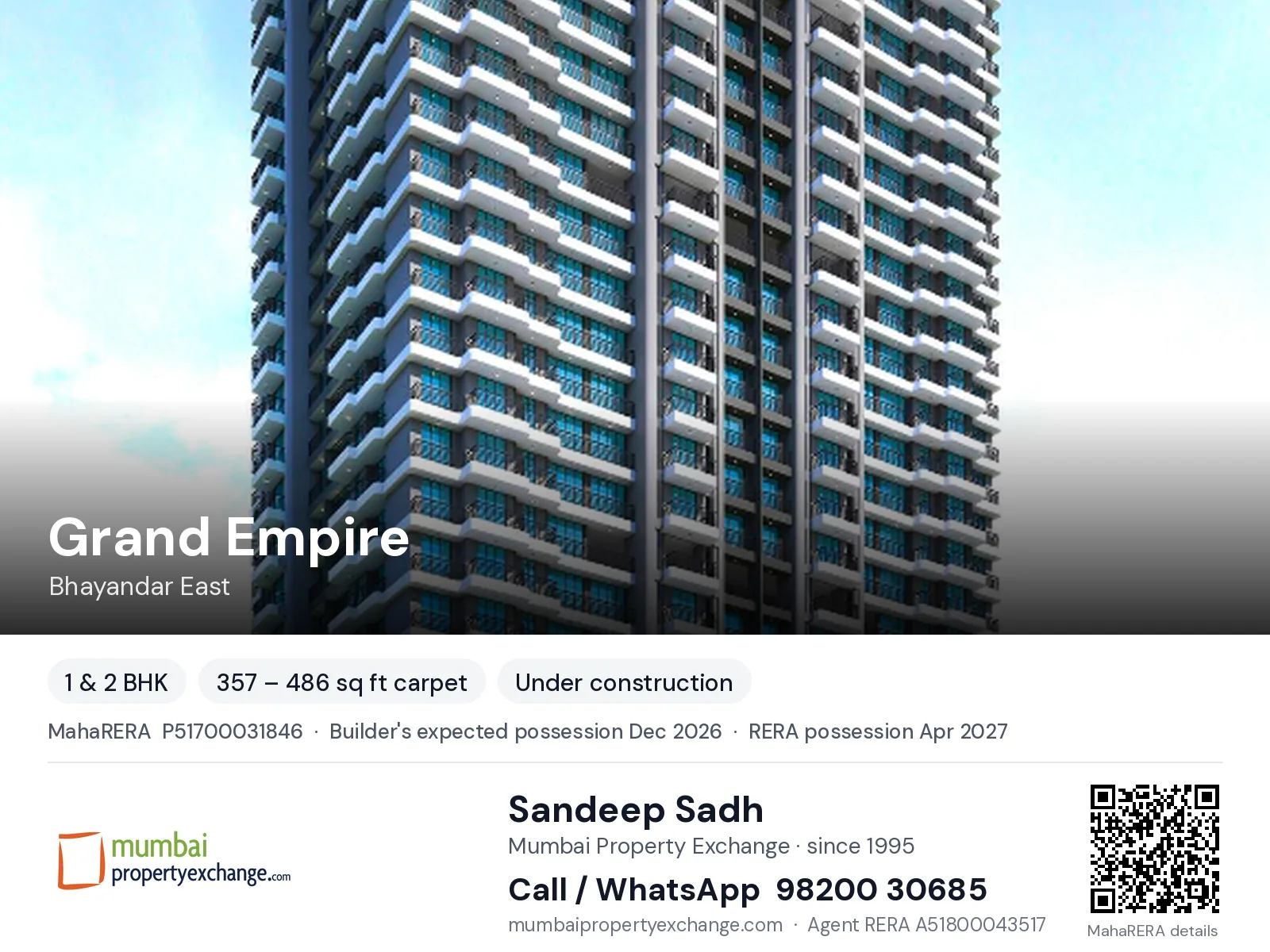 Grand Empire by RNA NG, Bhayandar East — 1 & 2 BHK new project, builder's expected possession Dec 2026, RERA possession Apr 2027 | Mumbai Property Exchange, Sandeep Sadh 98200 30685